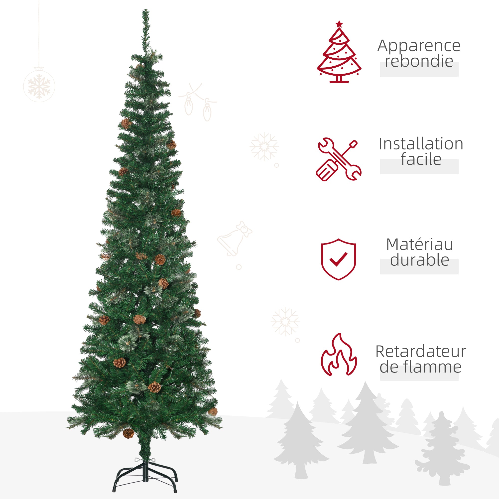 Sapin arbre de Noël artificiel 195 cm 556 branches avec 27 pommes de pin+ support pied pliable vert
