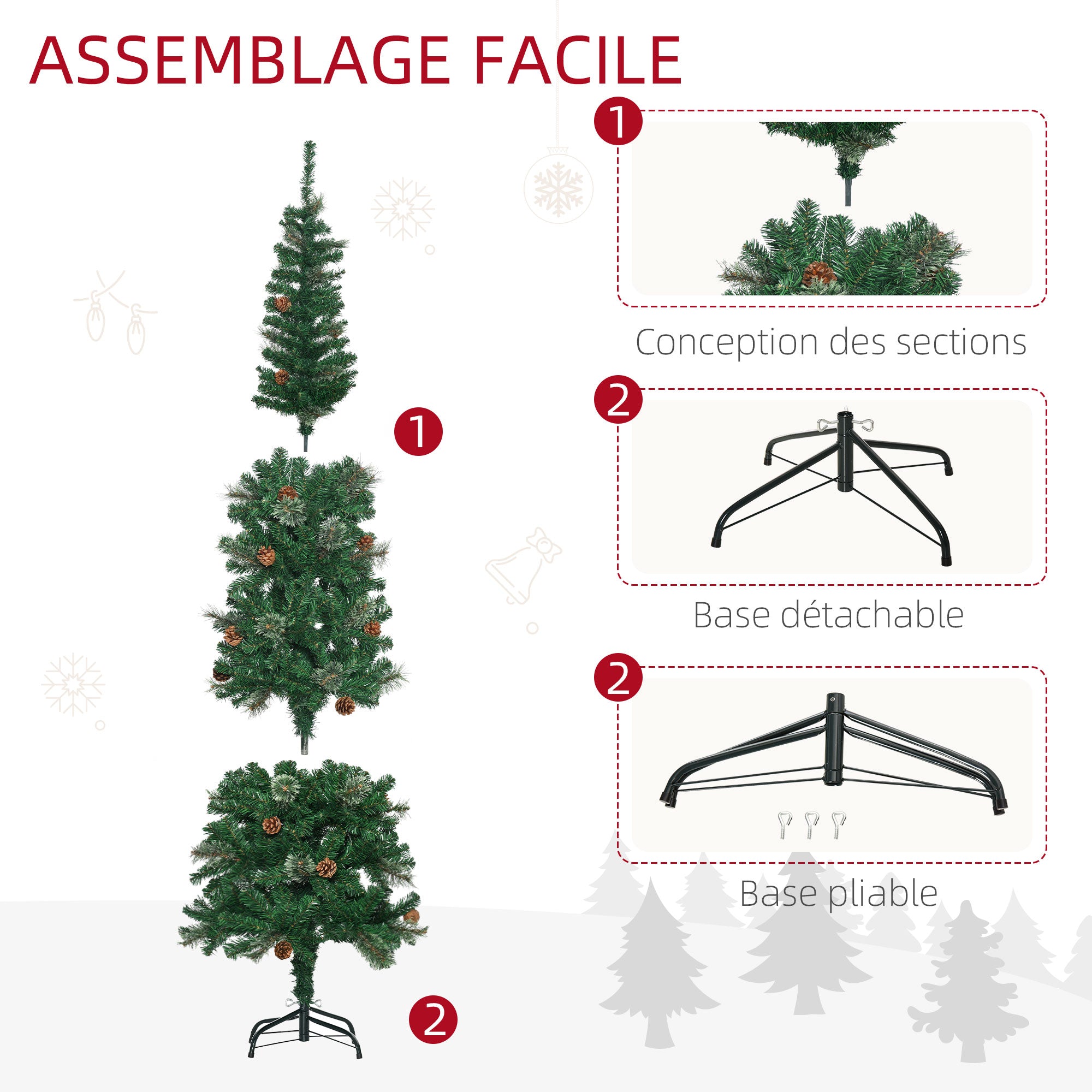 Sapin arbre de Noël artificiel 195 cm 556 branches avec 27 pommes de pin+ support pied pliable vert