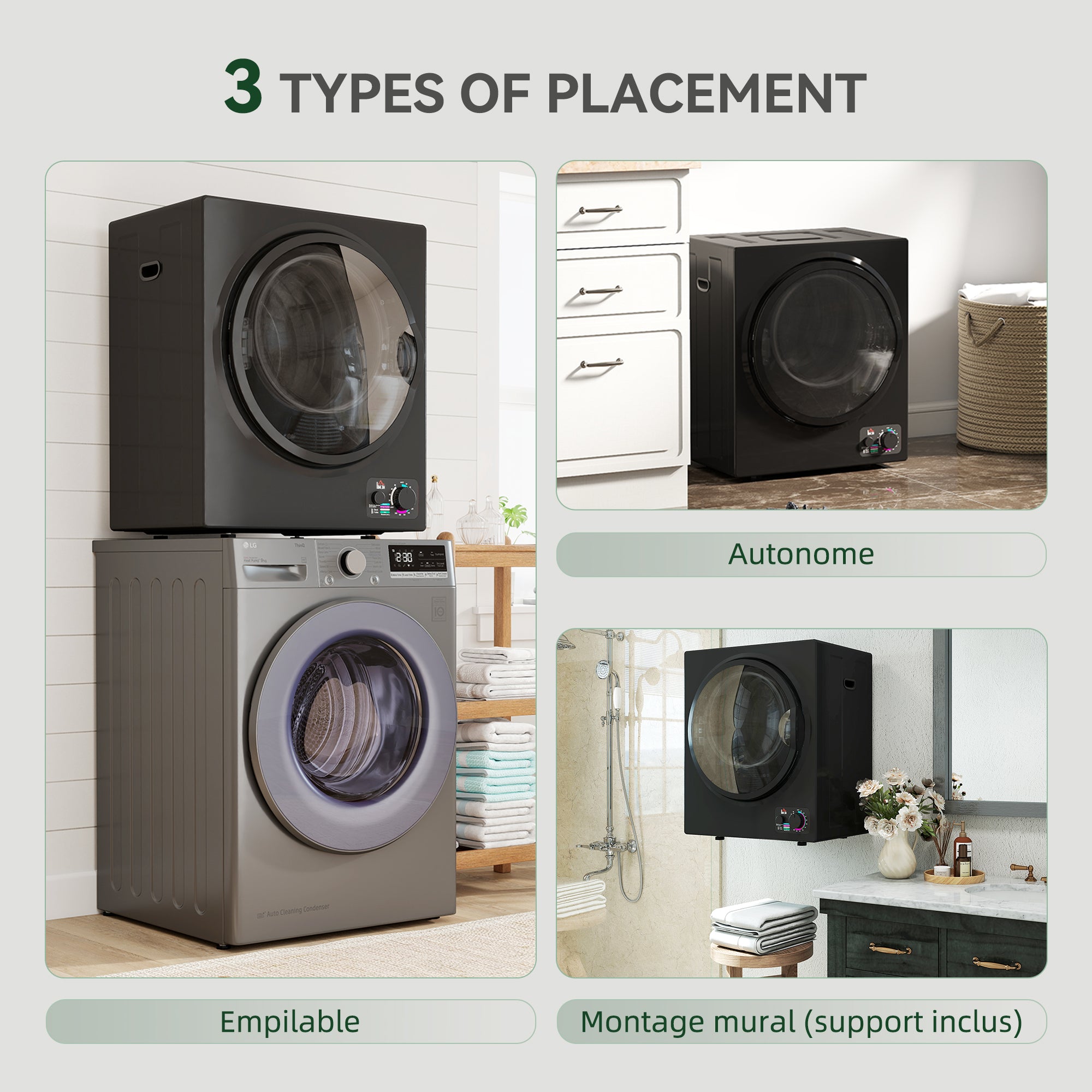 Sèche-linge à évacuation portable, sèche-linge électrique 850 W, 4 Kg, 4 modes de séchage, 2 niveaux de chauffage, cuve en acier inoxydable, installation murale, pour appartement dortoir, noir