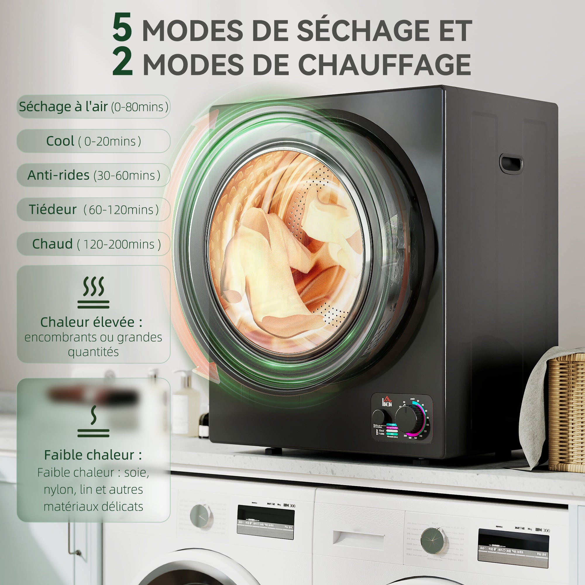 Sèche-linge à évacuation portable, sèche-linge électrique 850 W, 4 Kg, 4 modes de séchage, 2 niveaux de chauffage, cuve en acier inoxydable, installation murale, pour appartement dortoir, noir
