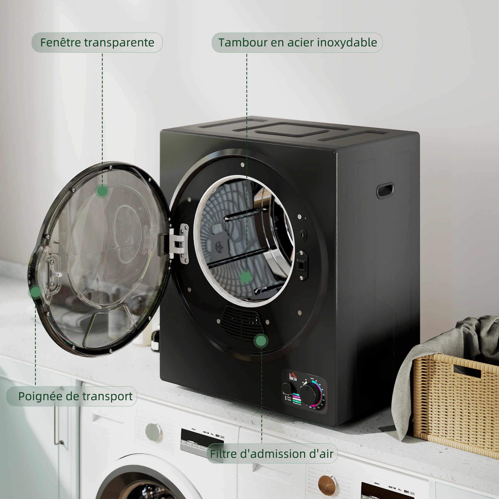 Sèche-linge à évacuation portable, sèche-linge électrique 850 W, 4 Kg, 4 modes de séchage, 2 niveaux de chauffage, cuve en acier inoxydable, installation murale, pour appartement dortoir, noir