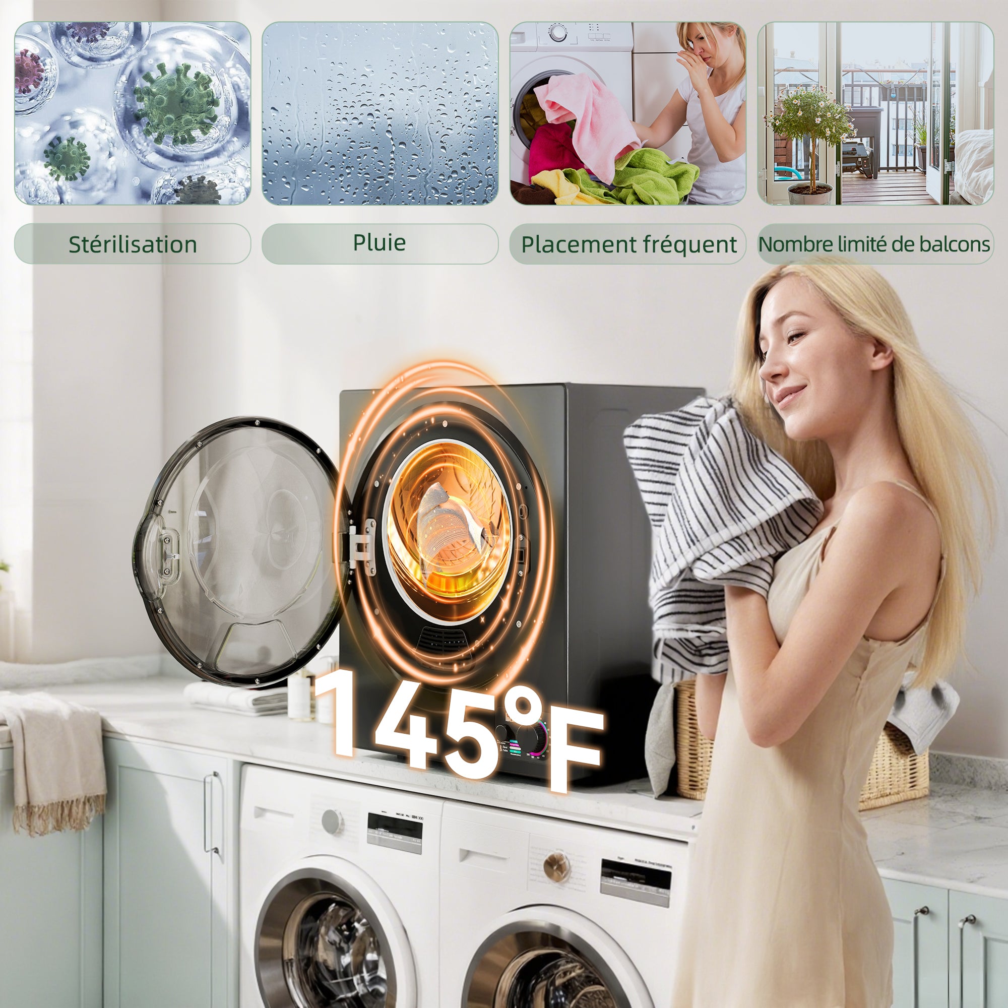 Sèche-linge à évacuation portable, sèche-linge électrique 850 W, 4 Kg, 4 modes de séchage, 2 niveaux de chauffage, cuve en acier inoxydable, installation murale, pour appartement dortoir, noir