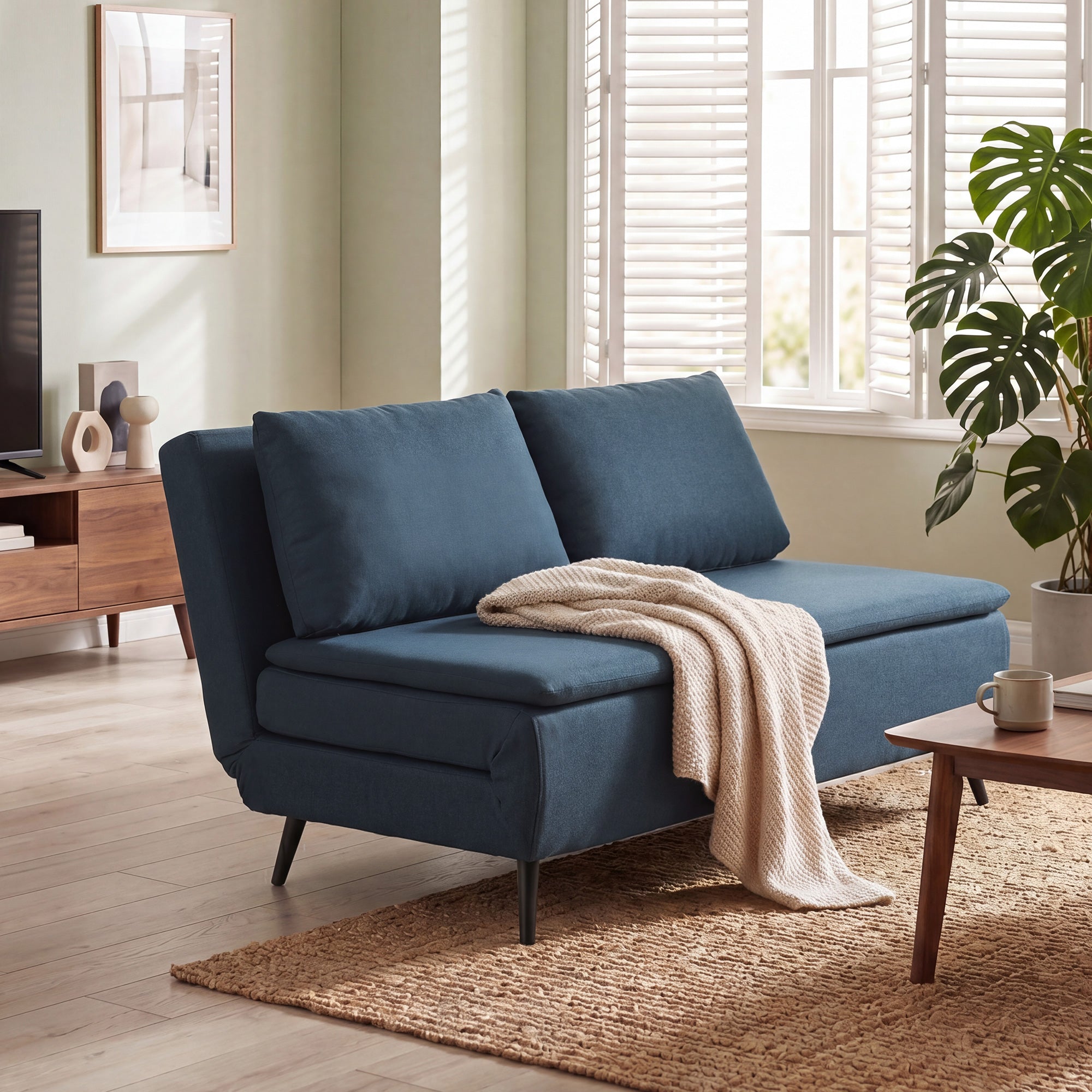 Canapé Convertible 2 Places, 135 x 188 cm, Canapé-Lit Clic-Clac 3 en 1 avec Dossier Réglable, Oreillers, Assise Large, Ressorts en S, Rembourré en Lin, pour Invités, Salon, Bureau, Bleu