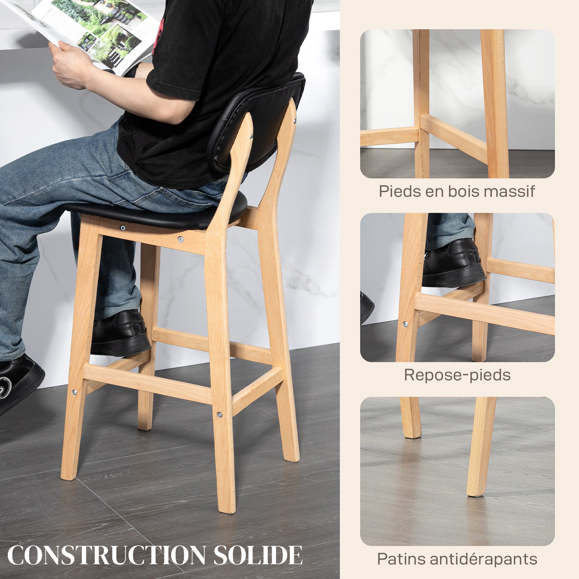 Lot de 2 tabourets de bar, chaises de bar modernes rembourré, assise 65 cm, dossier, repose-pieds et pieds en bois, tabourets de cuisine en cuir synthétique, pour salle à manger, cuisine, noir