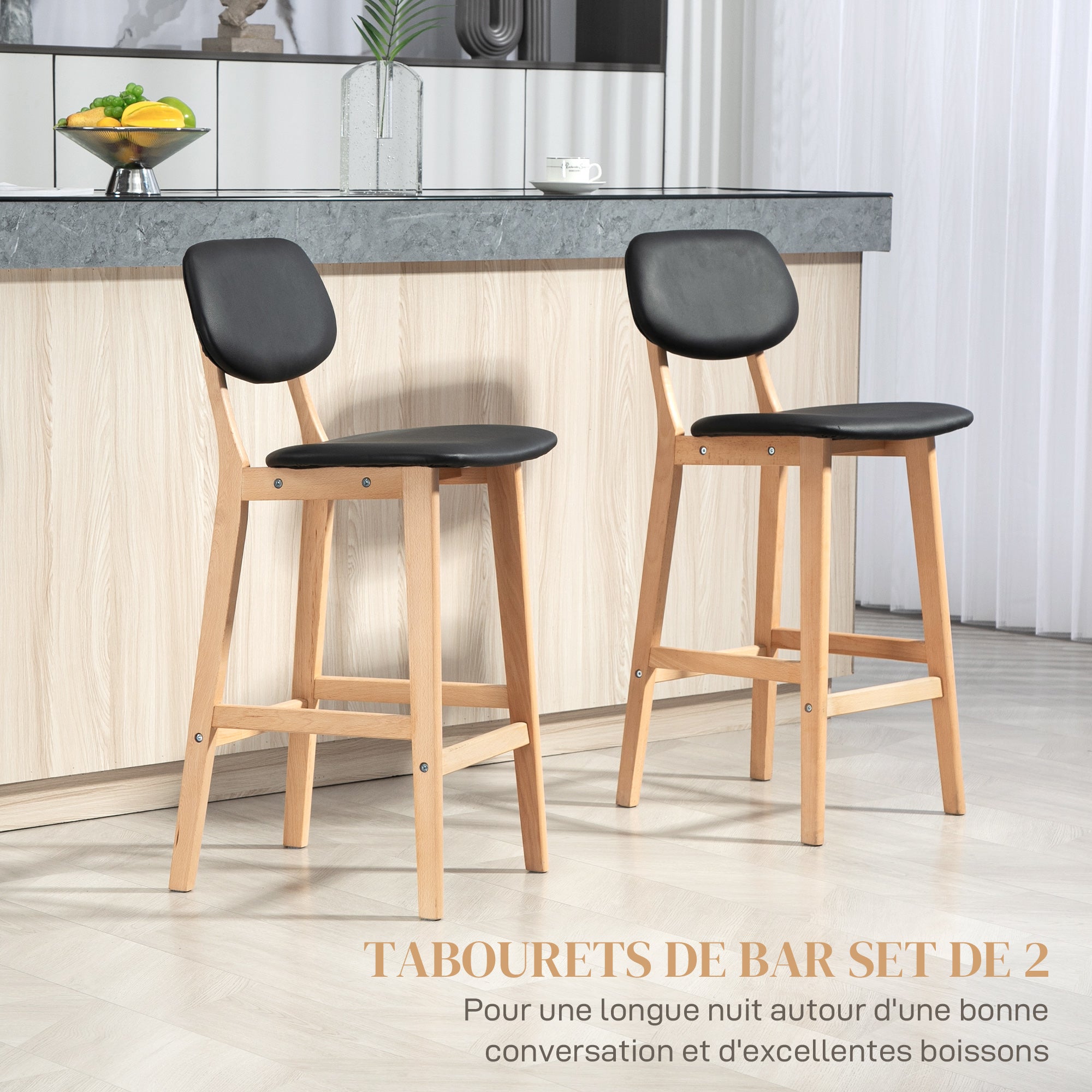 Lot de 2 tabourets de bar, chaises de bar modernes rembourré, assise 65 cm, dossier, repose-pieds et pieds en bois, tabourets de cuisine en cuir synthétique, pour salle à manger, cuisine, noir