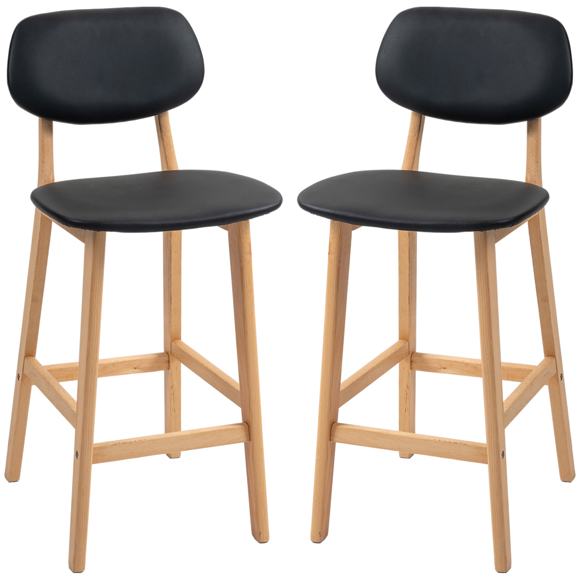 Lot de 2 tabourets de bar, chaises de bar modernes rembourré, assise 65 cm, dossier, repose-pieds et pieds en bois, tabourets de cuisine en cuir synthétique, pour salle à manger, cuisine, noir