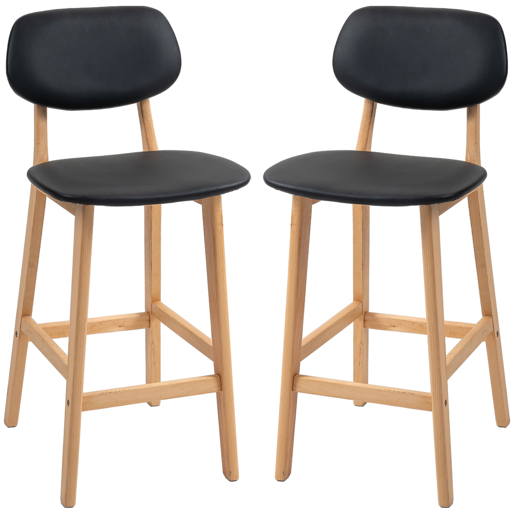 Lot de 2 tabourets de bar, chaises de bar modernes rembourré, assise 65 cm, dossier, repose-pieds et pieds en bois, tabourets de cuisine en cuir synthétique, pour salle à manger, cuisine, noir