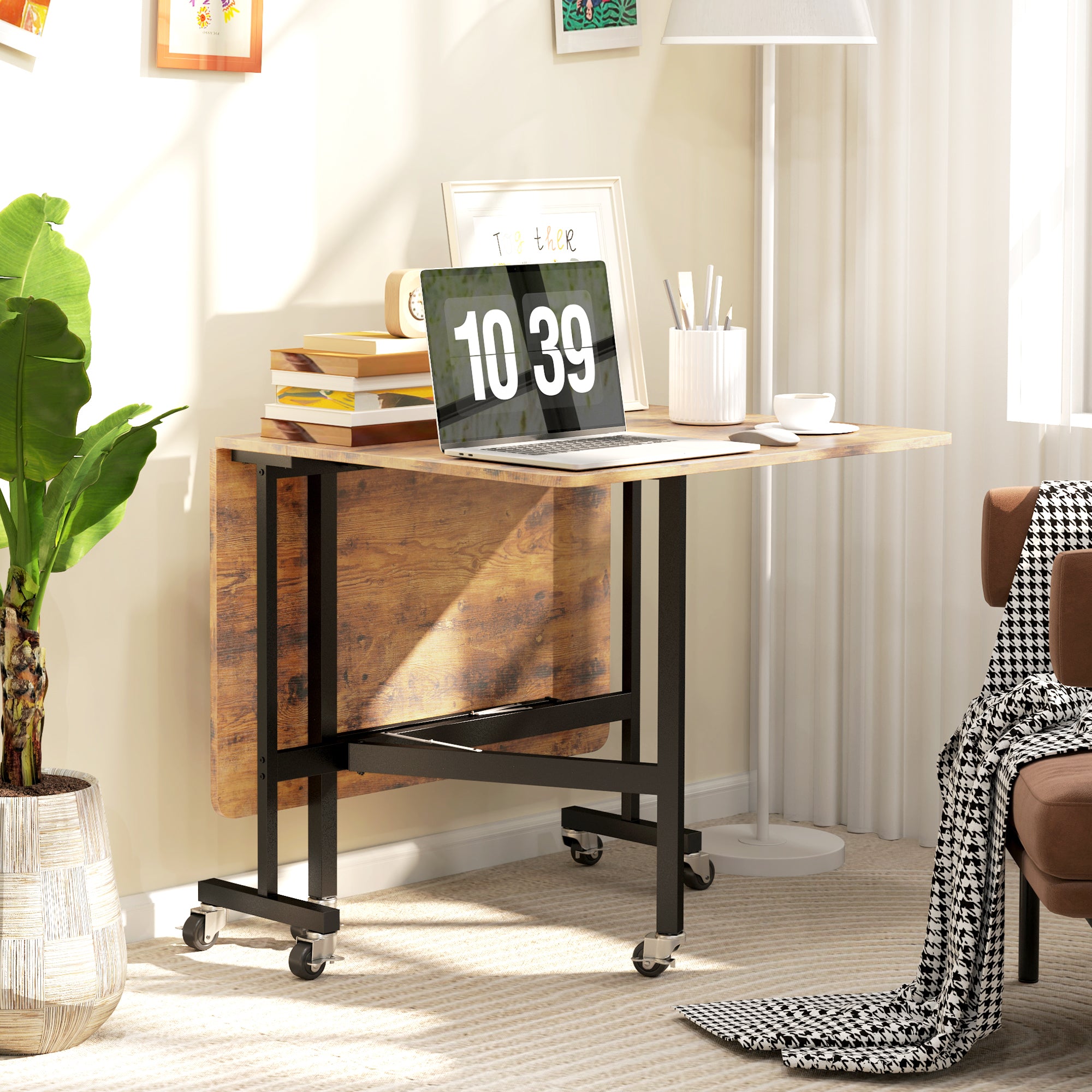 Table pliante cuisine, table à manger pliable, avec 2 abattants, 6 roues avec freins, pour 4-6 personnes, charge 100 kg, pieds en acier, 120 x 80 x 73 cm, brun rustique