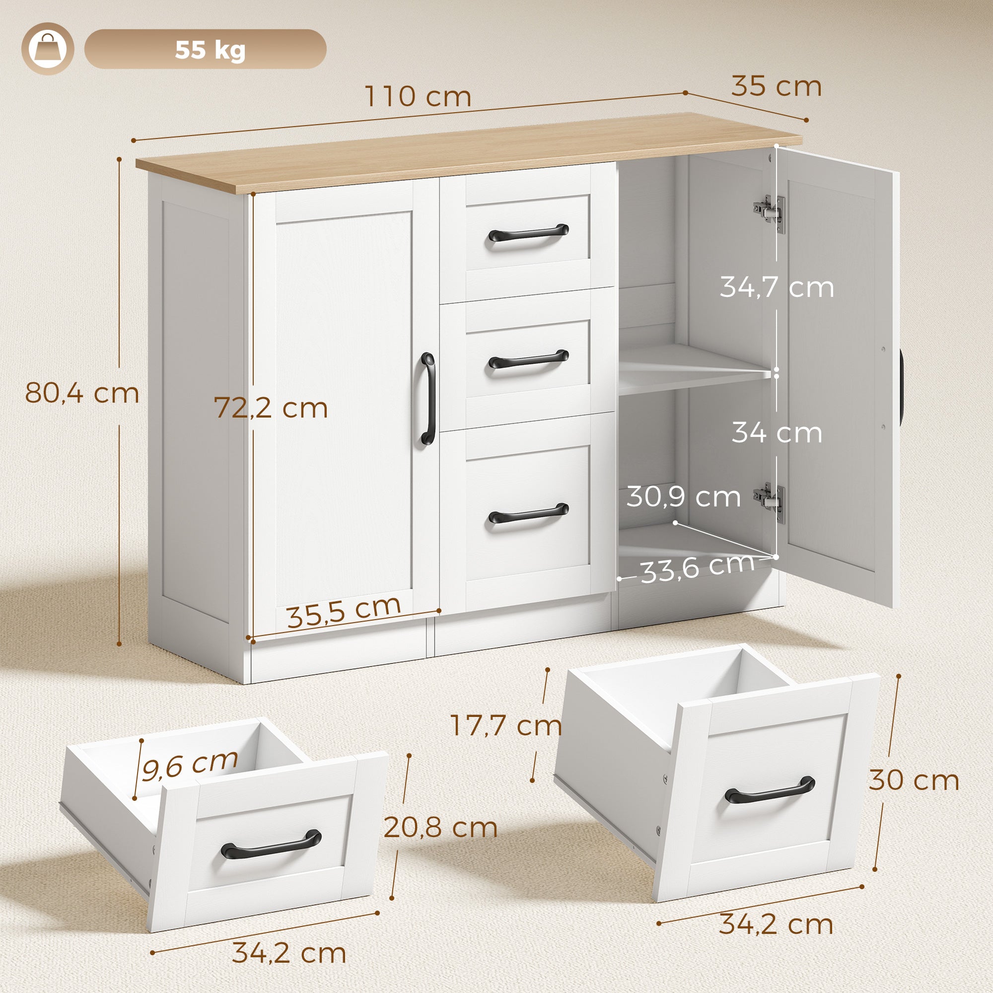 Buffet salon, meuble de rangement avec 2 portes à fermeture douce et 3 tiroirs, style moderne, buffet salle à manger et cuisine, 110 x 35 x 80,4 cm, blanc et bois naturel