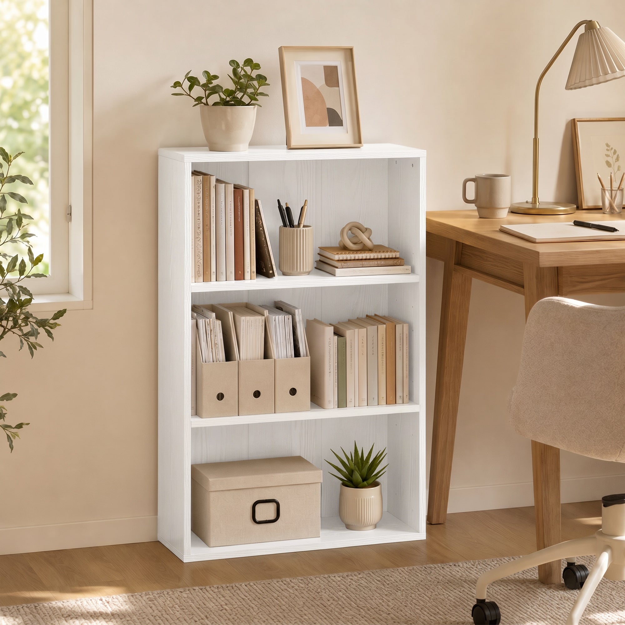 Bibliothèque étagère de rangement avec 3 compartiments et étagère réglable, meuble de rangement pour bureau, salon, chambre, 60 x 24 x 93 cm, blanc