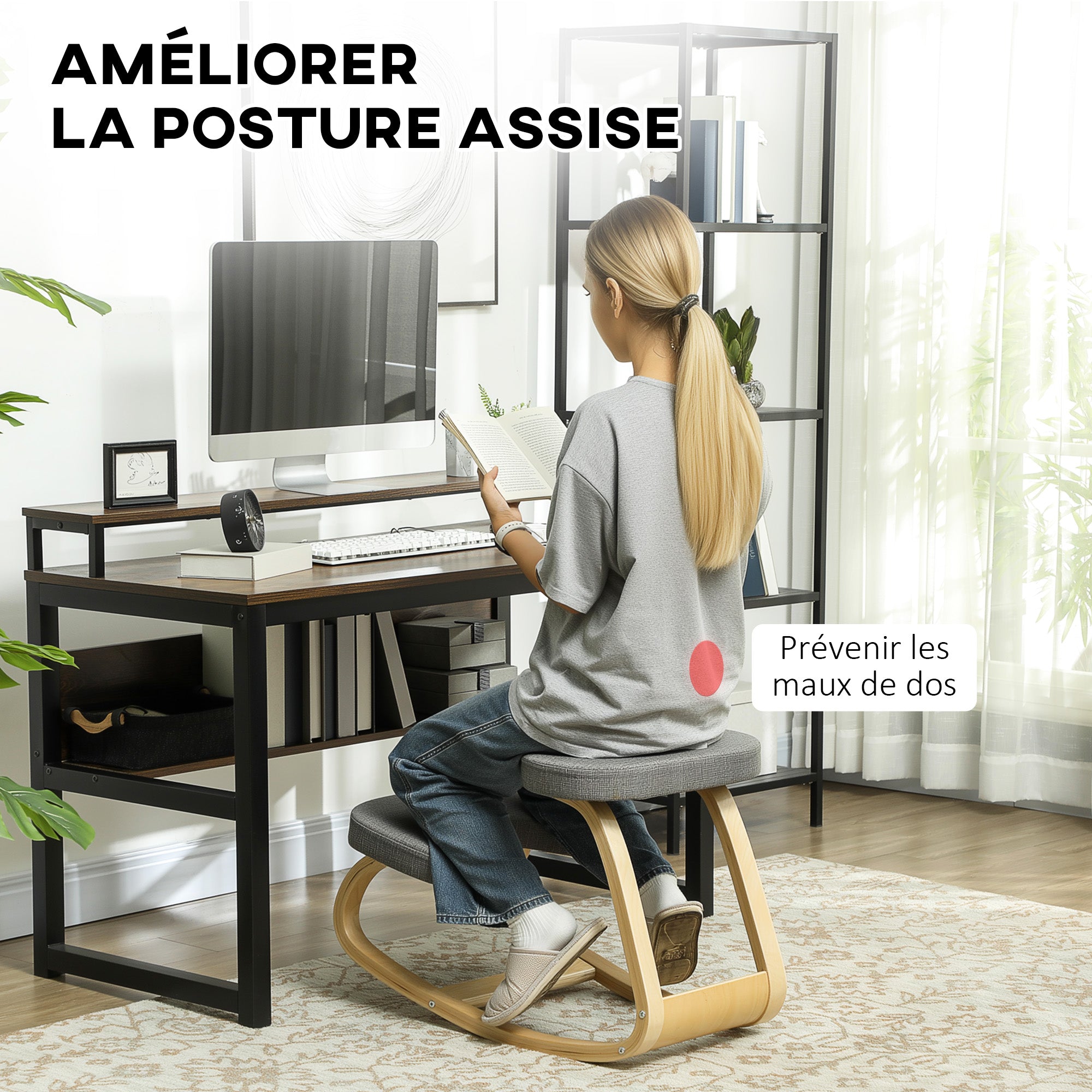 Siège assis genoux, siège ergonomique en bois à bascule, chaise à genoux pour bureau à domicile, améliorer la posture, maux de dos, gris