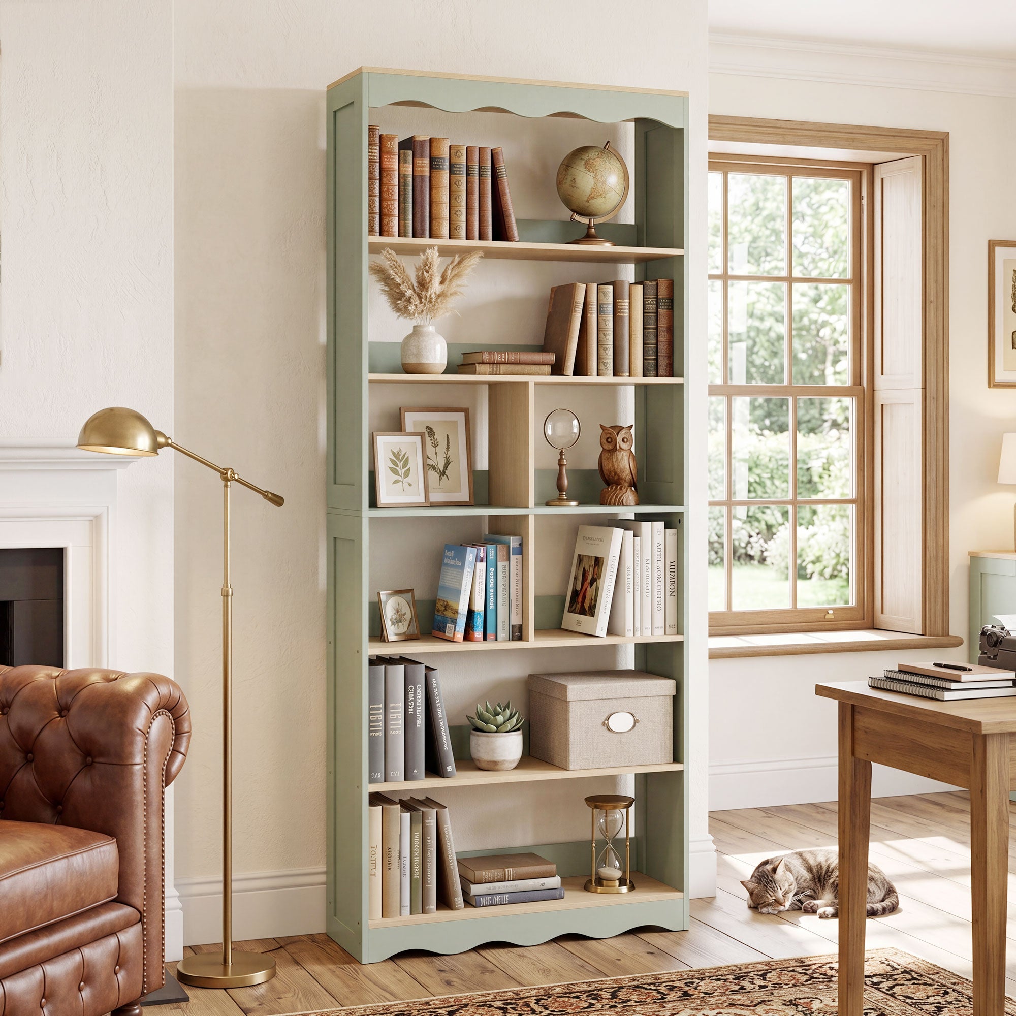 Bibliothèque, étagère de rangement à 6 niveaux avec 6 compartiments ouverts, meuble de rangement pour salon, bureau, chambre, 76 x 23,8 x 180 cm, bois naturel et vert