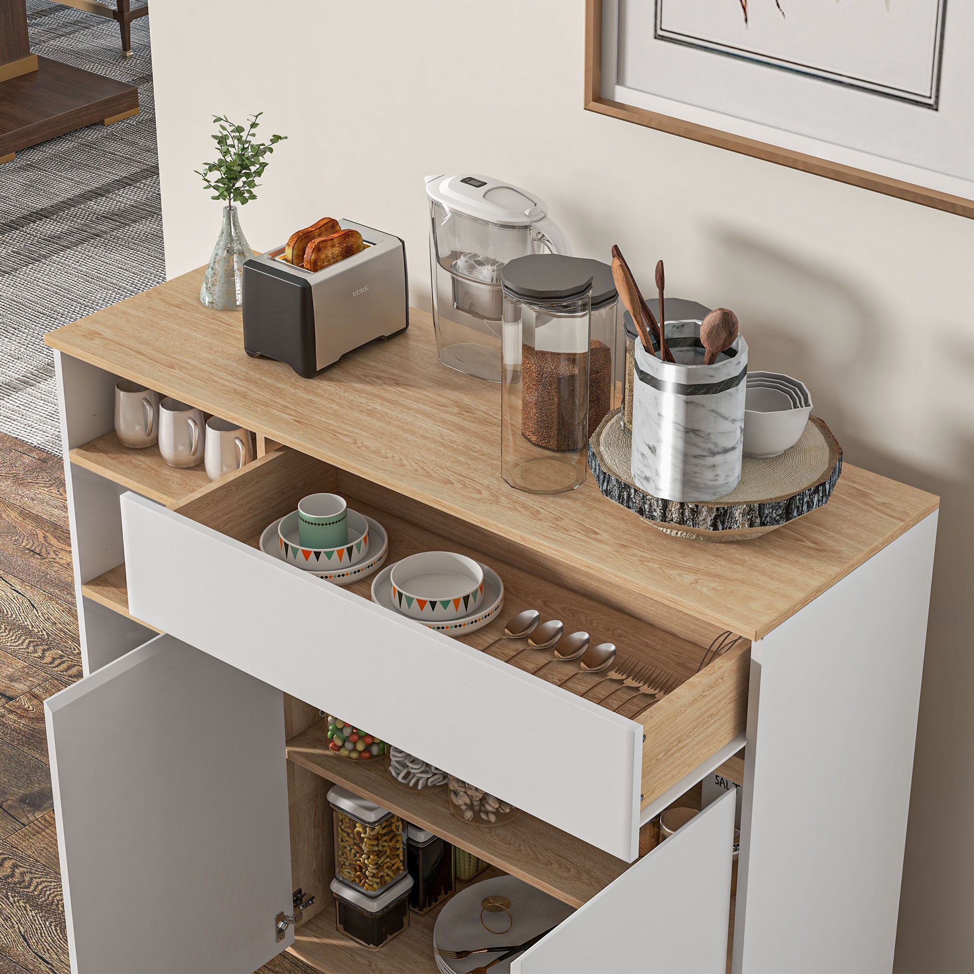 Buffet meuble de rangement étagères réglables style scandinave avec 1 placard double porte 1 tiroir et 4 niches 119 x 40 x 102 cm blanc