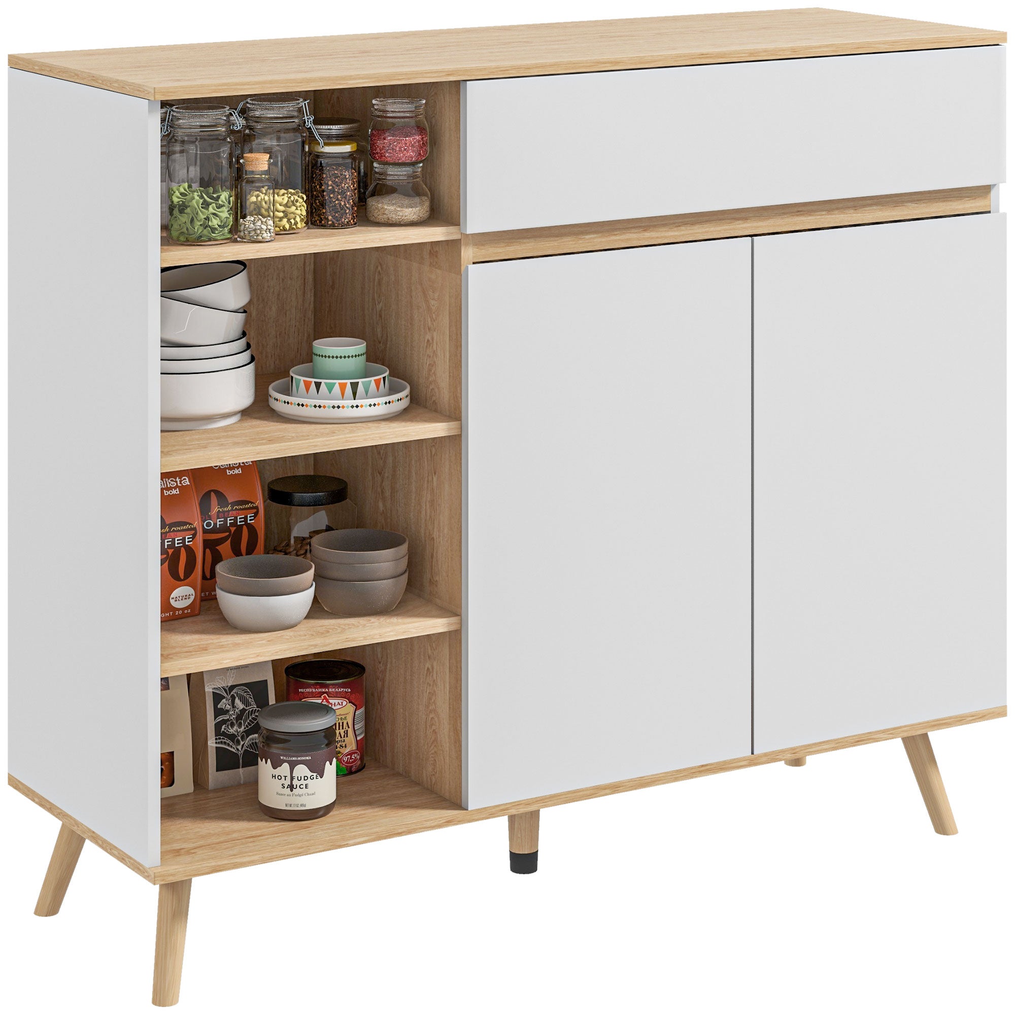 Buffet meuble de rangement étagères réglables style scandinave avec 1 placard double porte 1 tiroir et 4 niches 119 x 40 x 102 cm blanc