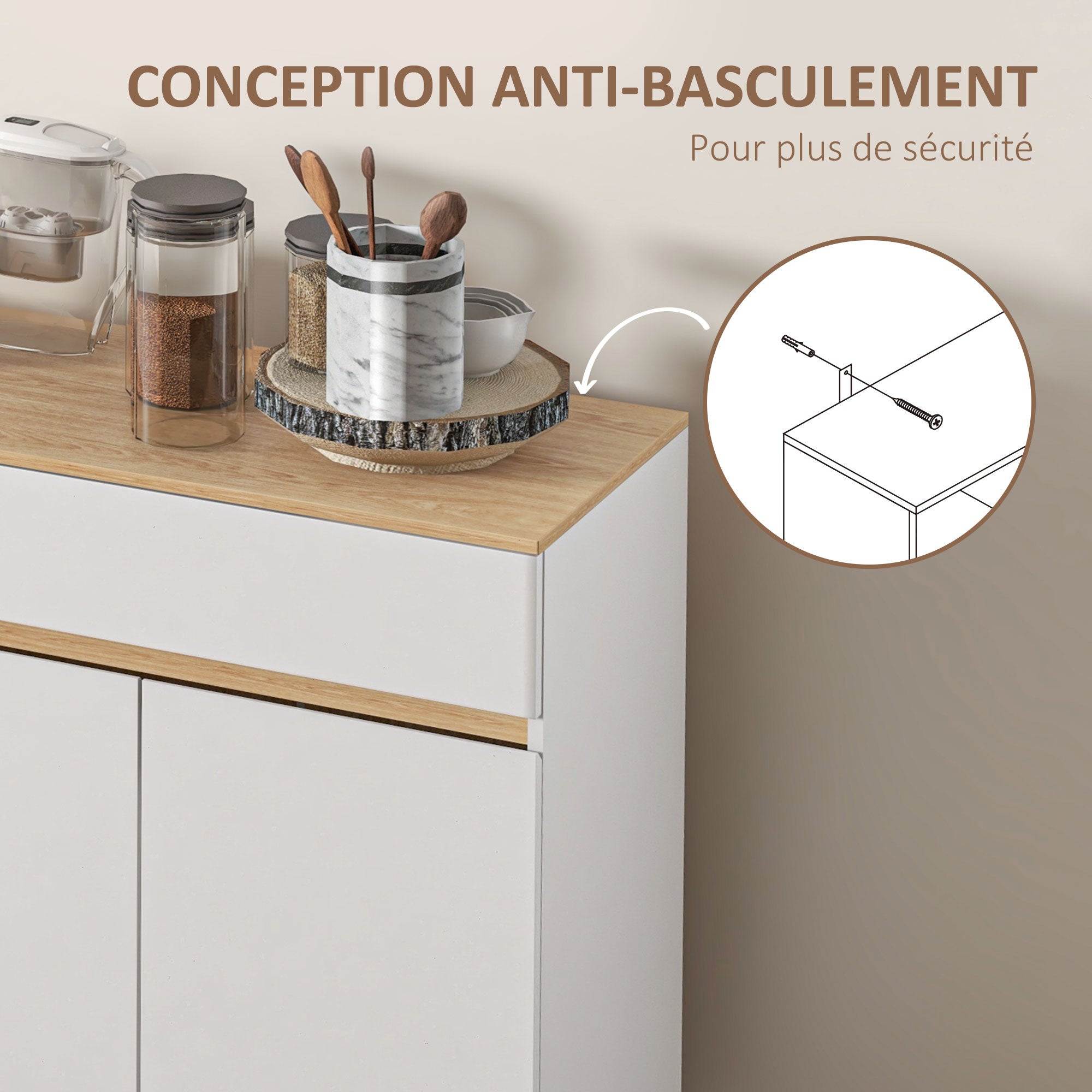 Buffet meuble de rangement étagères réglables style scandinave avec 1 placard double porte 1 tiroir et 4 niches 119 x 40 x 102 cm blanc