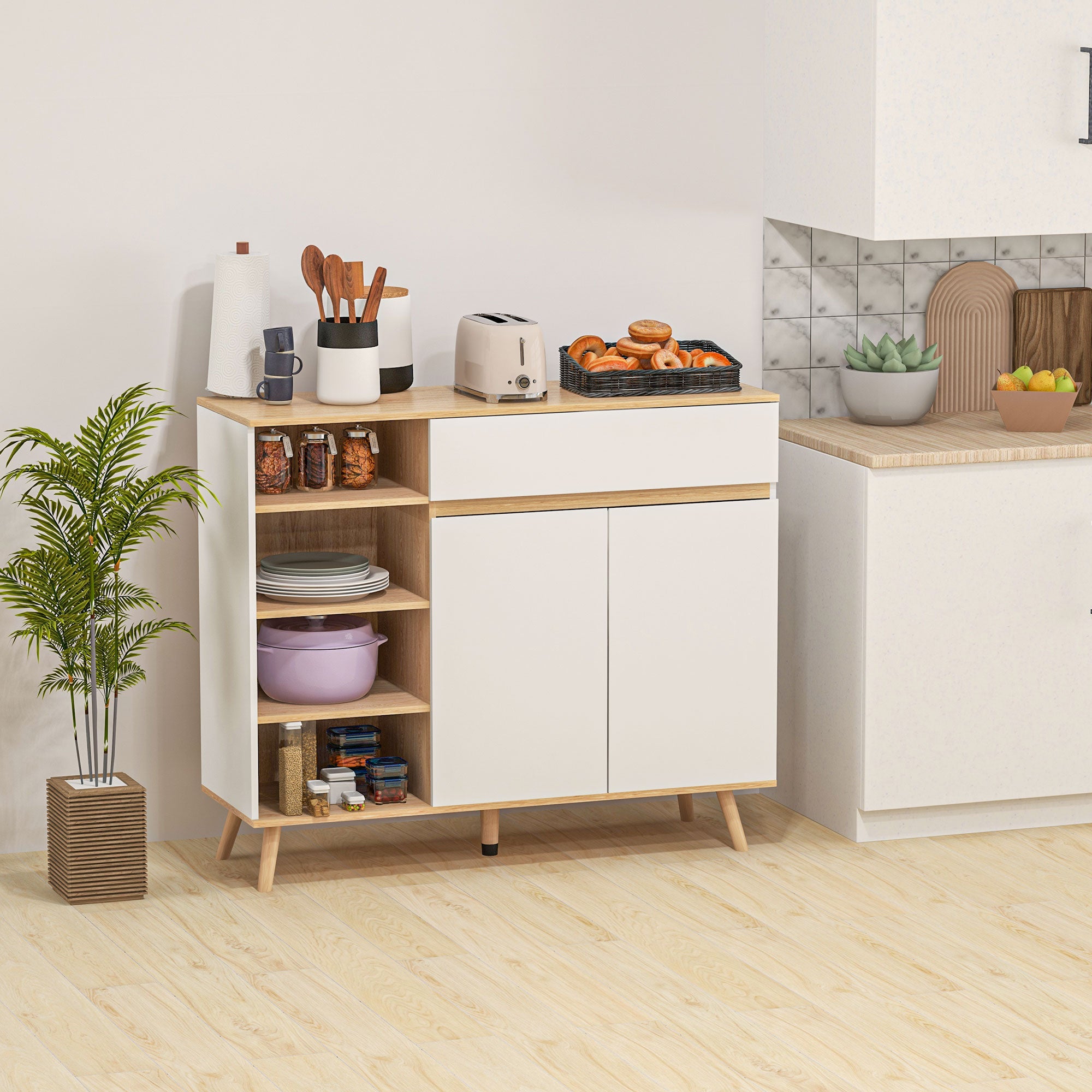 Buffet meuble de rangement étagères réglables style scandinave avec 1 placard double porte 1 tiroir et 4 niches 119 x 40 x 102 cm blanc