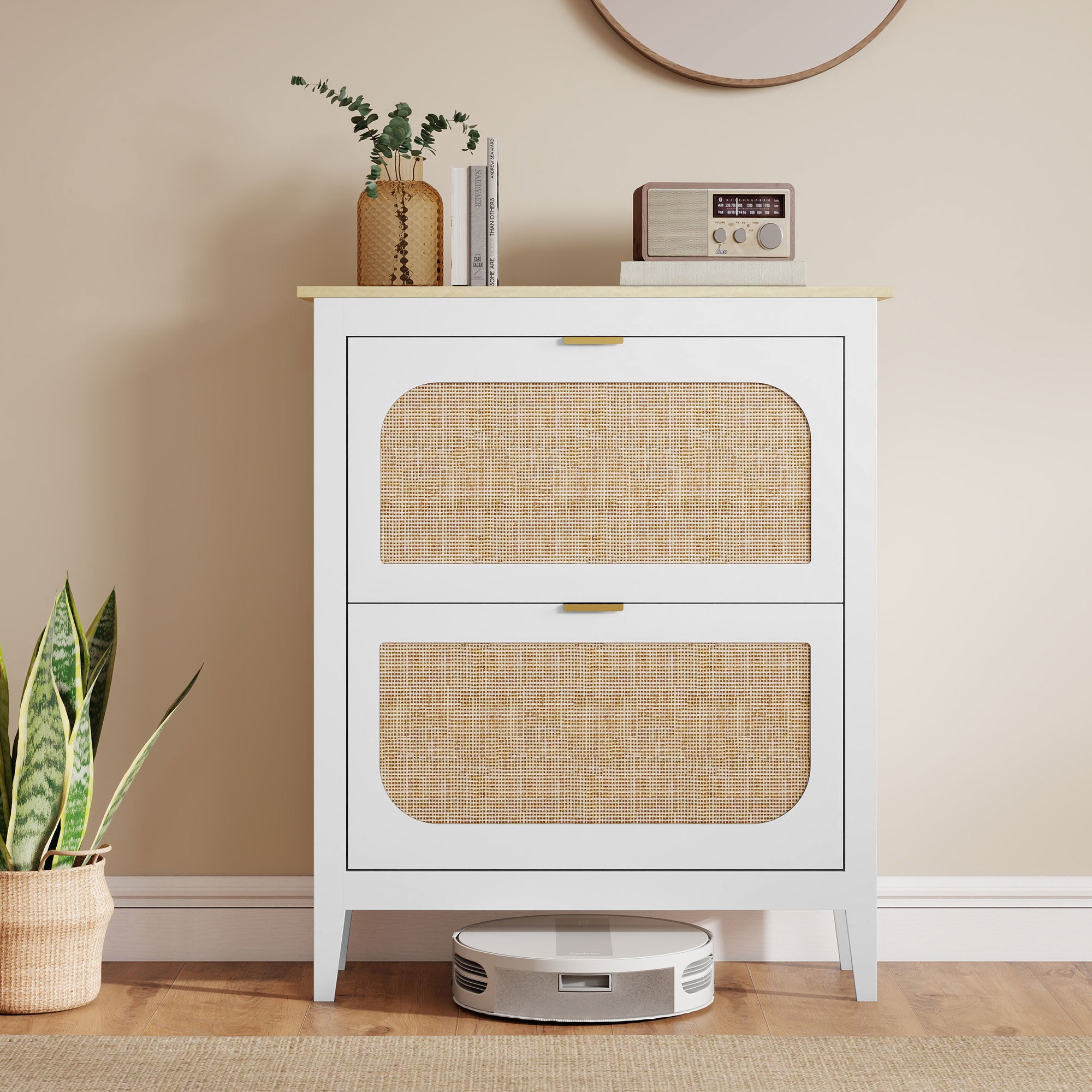 Meuble à chaussures 14 paires, armoire à chaussures étroite bohème avec 2 tiroirs rabattables, portes effet cannage rotin et étagères réglables, pour couloir et entrée, 80x24x95,5cm, blanc