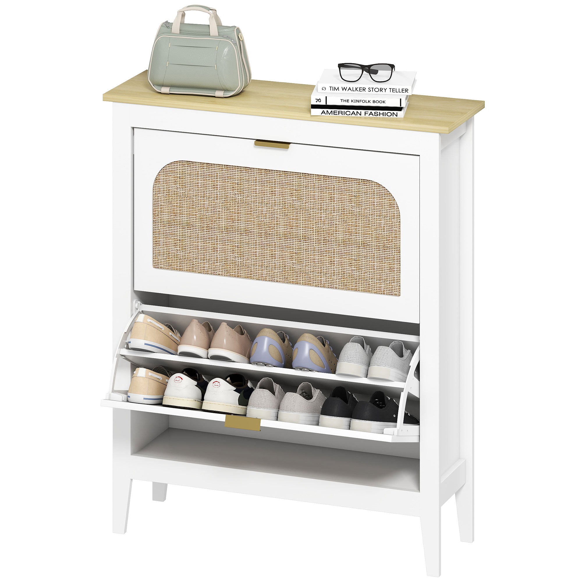 Meuble à chaussures 14 paires, armoire à chaussures étroite bohème avec 2 tiroirs rabattables, portes effet cannage rotin et étagères réglables, pour couloir et entrée, 80x24x95,5cm, blanc