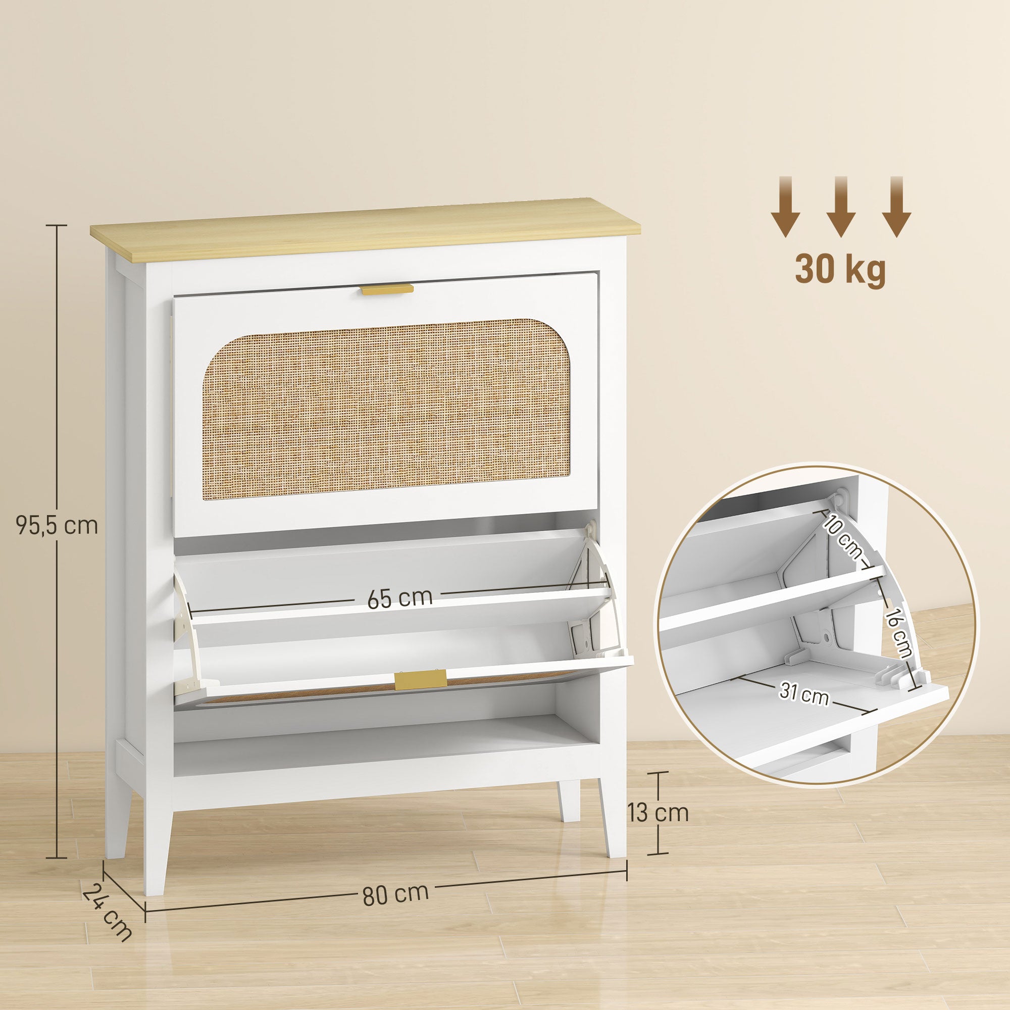 Meuble à chaussures 14 paires, armoire à chaussures étroite bohème avec 2 tiroirs rabattables, portes effet cannage rotin et étagères réglables, pour couloir et entrée, 80x24x95,5cm, blanc