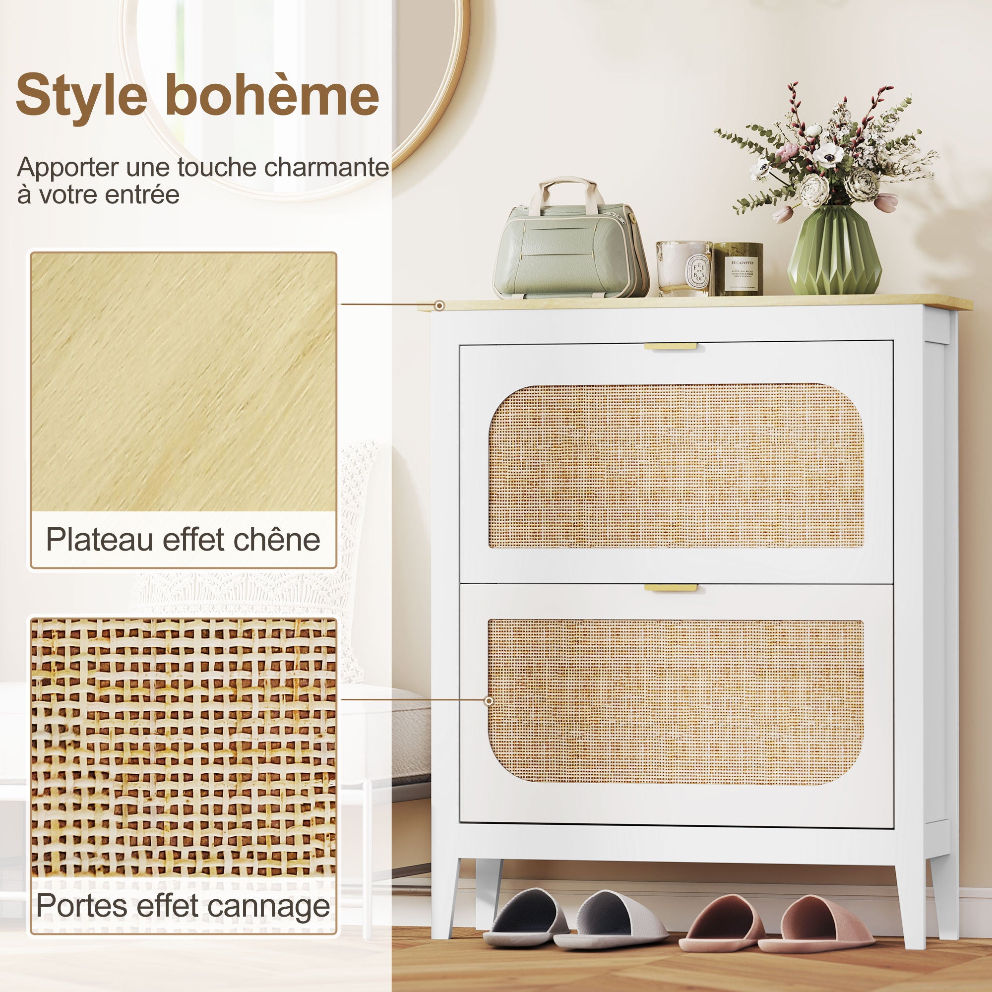 Meuble à chaussures 14 paires, armoire à chaussures étroite bohème avec 2 tiroirs rabattables, portes effet cannage rotin et étagères réglables, pour couloir et entrée, 80x24x95,5cm, blanc