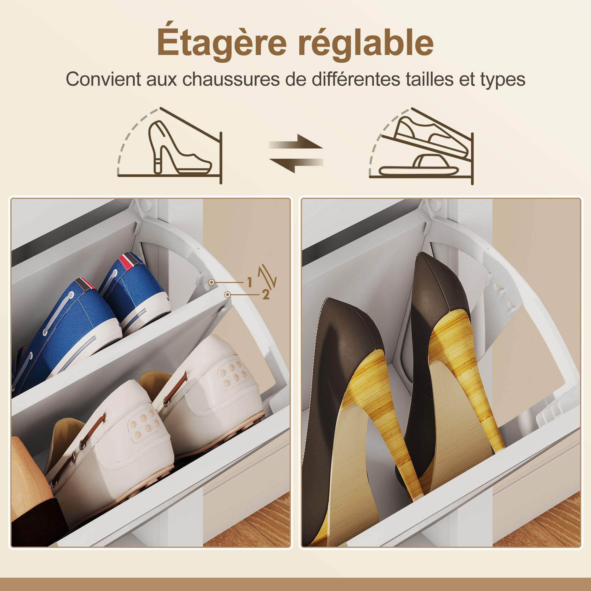 Meuble à chaussures 14 paires, armoire à chaussures étroite bohème avec 2 tiroirs rabattables, portes effet cannage rotin et étagères réglables, pour couloir et entrée, 80x24x95,5cm, blanc