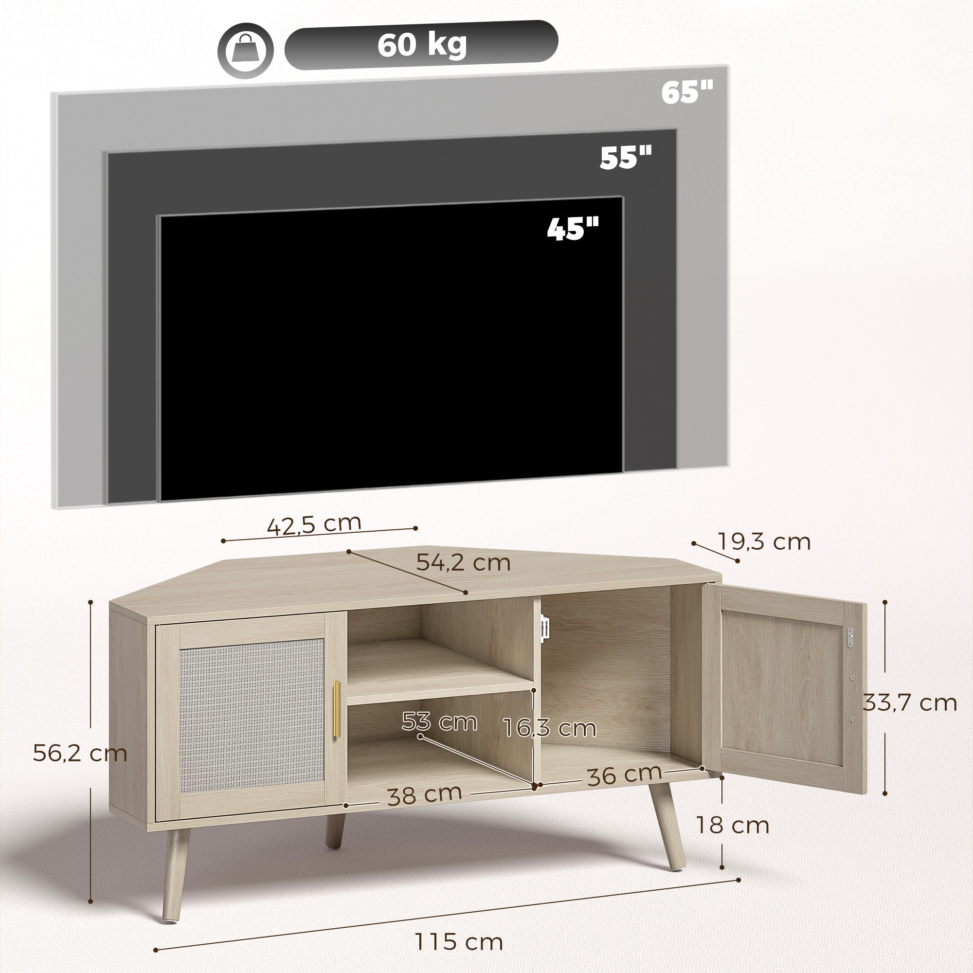 Meuble TV d'Angle 115 cm, Meuble Télé pour Téléviseur jusqu'à 65 Pouces avec 2 Portes en Rotin et 2 Compartiments Ouverts, Pieds en Bois de Pin, Style Bohème, Banc TV pour Salon, Chambre, Chêne