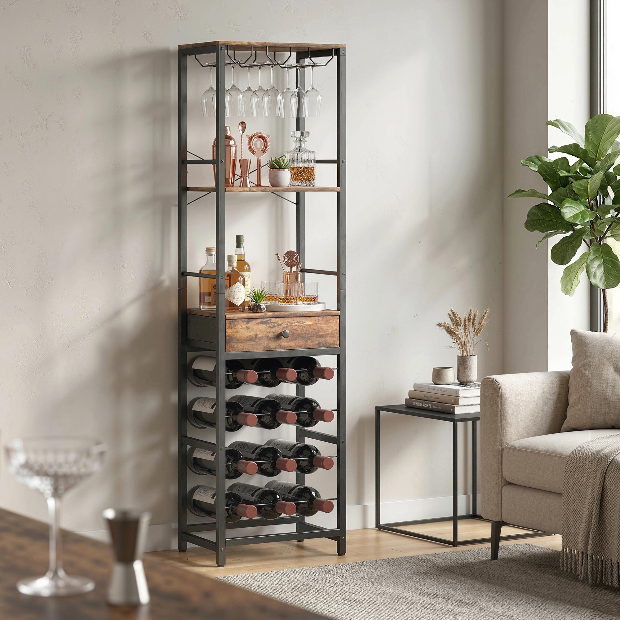 Casier à bouteilles pour 12 bouteilles, casier à vin avec étagère ouverte et tiroir, style industriel, étagère à vin en métal pour cuisine, salon, bar, 40 x 30 x 148 cm, brun rustique
