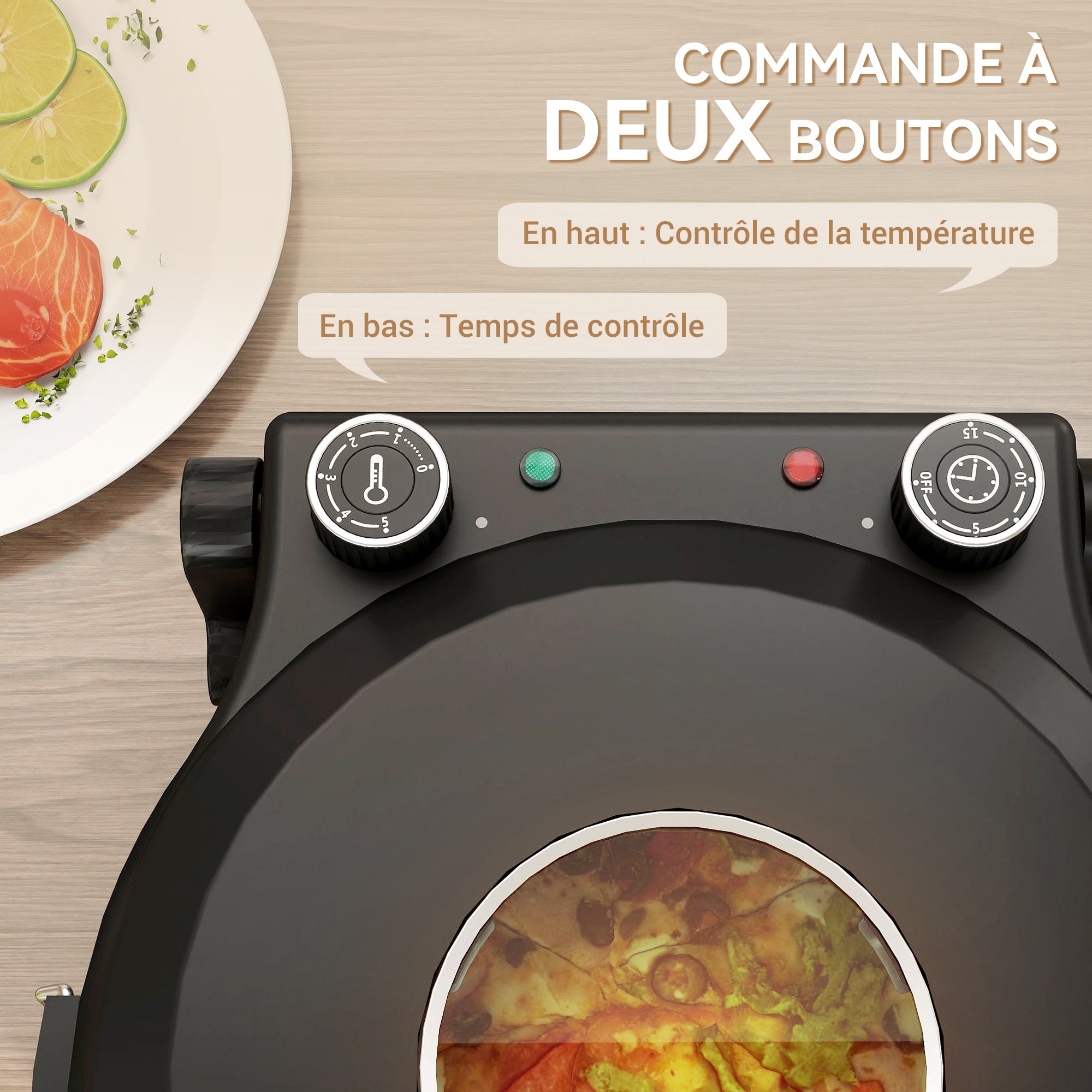 Four à pizza électrique 1200 W jusqu'à 430°C, plaque en pierre réfractaire 30 cm, minuterie, température réglable, protection contre surchauffe et fenêtre de visualisation, pelles inclus, noir