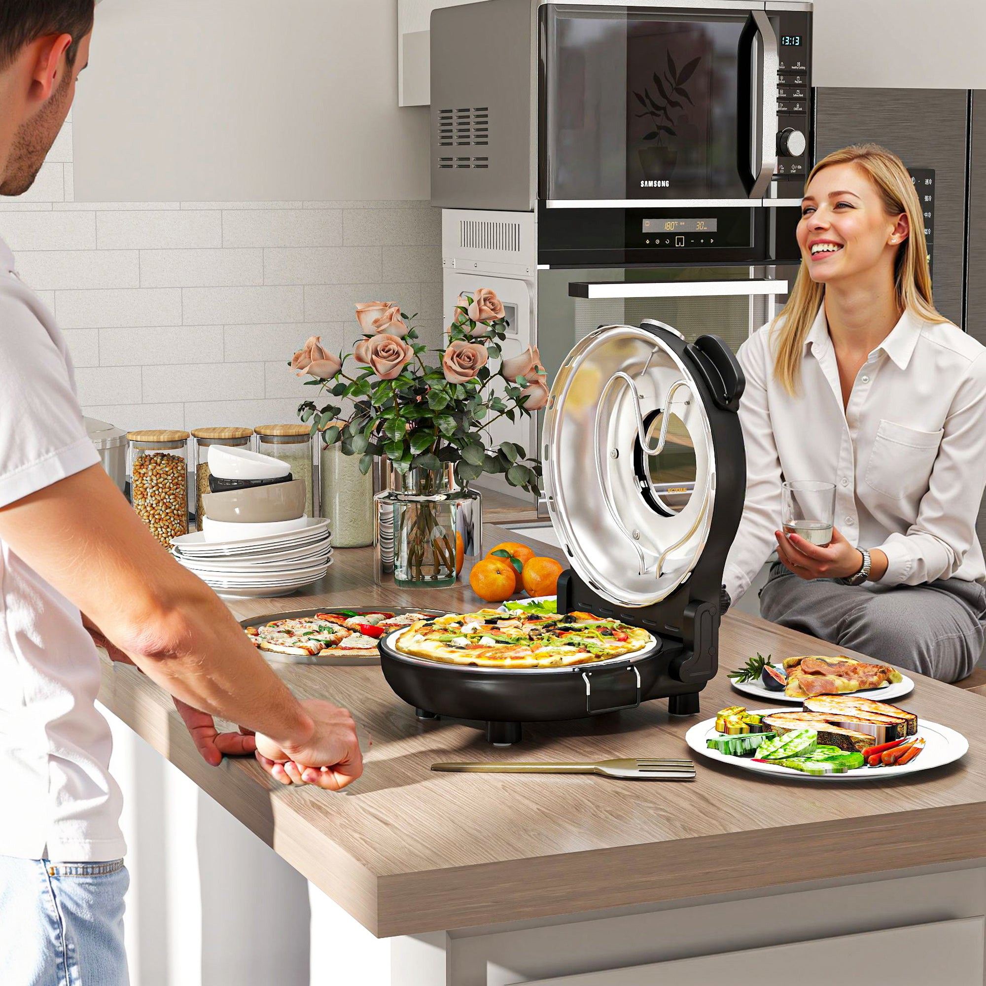 Four à pizza électrique 1200 W jusqu'à 430°C, plaque en pierre réfractaire 30 cm, minuterie, température réglable, protection contre surchauffe et fenêtre de visualisation, pelles inclus, noir