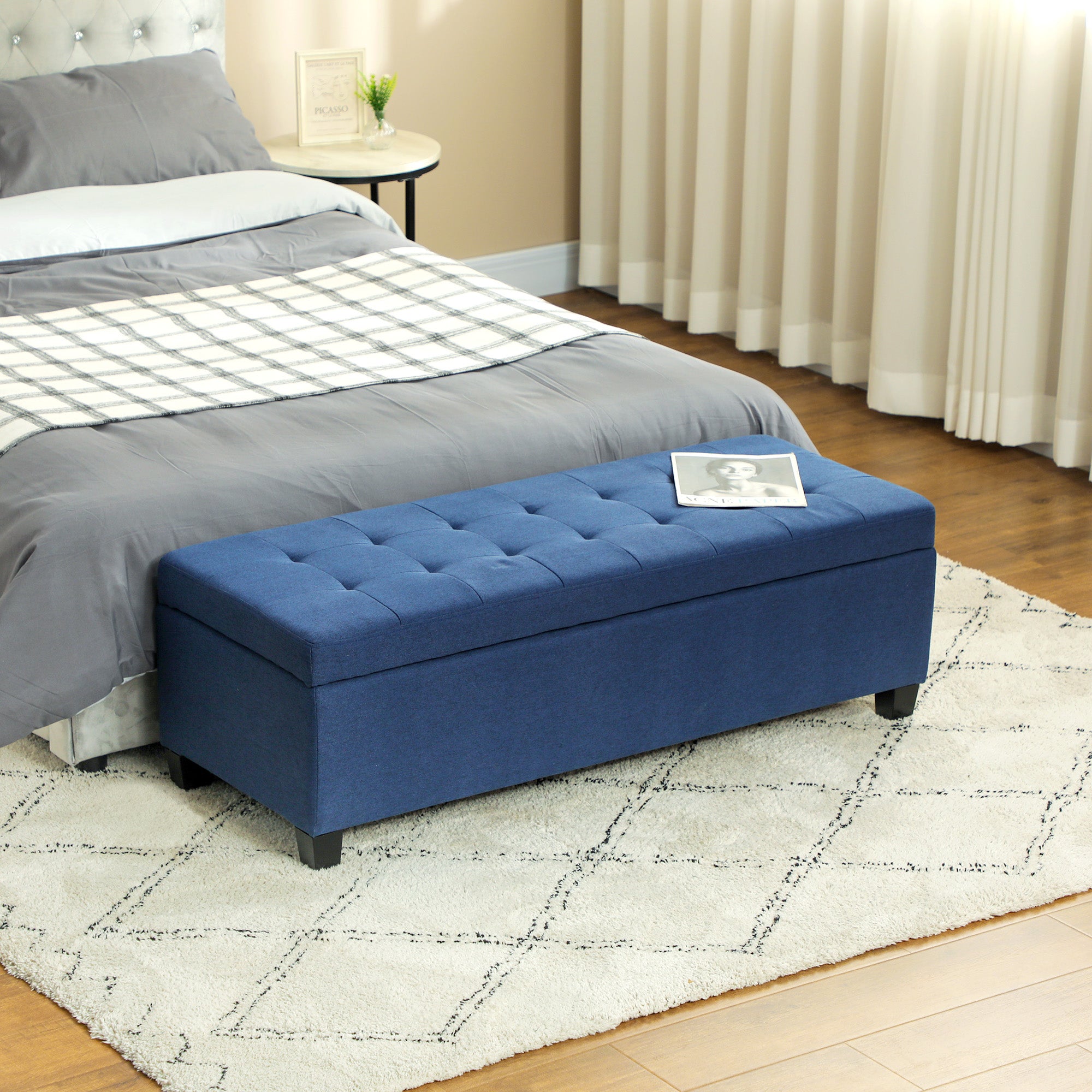 Banc de rangement 94,5L banquette bout de lit coffre de rangement avec siège capitonné en tissu aspect lin et pieds en bois, pour salon, chambre, entrée, 125 x 49 x 41,5 cm, bleu