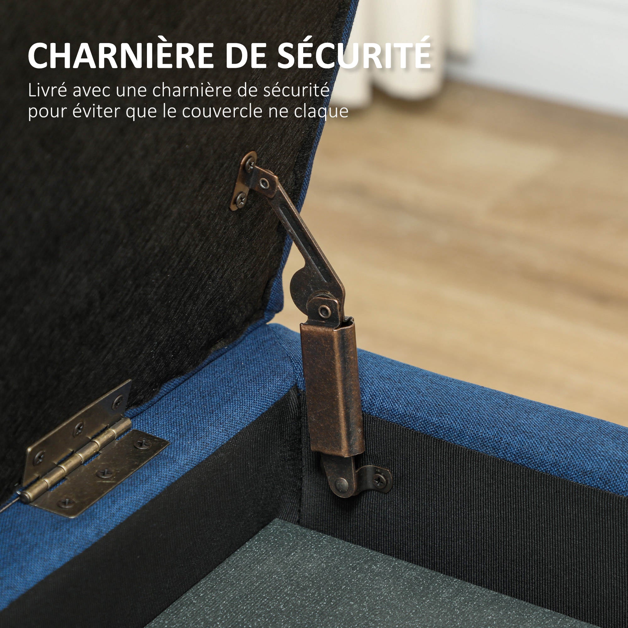Banc de rangement 94,5L banquette bout de lit coffre de rangement avec siège capitonné en tissu aspect lin et pieds en bois, pour salon, chambre, entrée, 125 x 49 x 41,5 cm, bleu