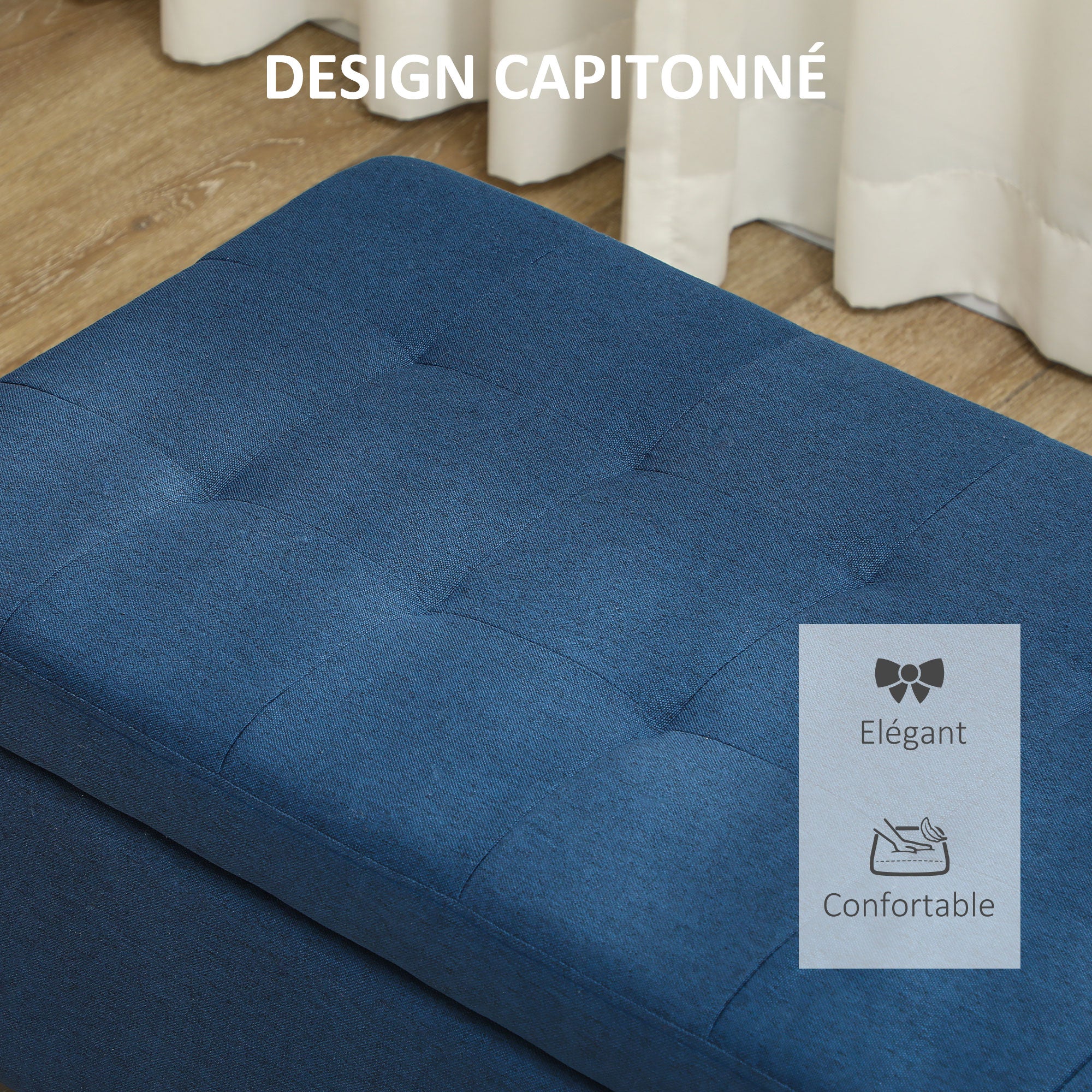 Banc de rangement 94,5L banquette bout de lit coffre de rangement avec siège capitonné en tissu aspect lin et pieds en bois, pour salon, chambre, entrée, 125 x 49 x 41,5 cm, bleu