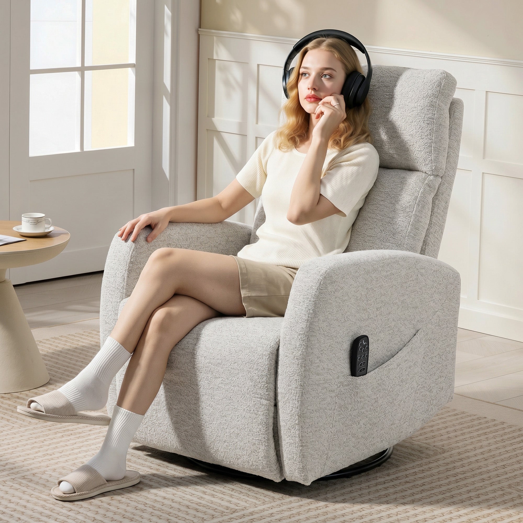 Fauteuil inclinable de massage et chauffage, fauteuil de relaxation en chenille, dossier réglable, pivotant 360°, poches latérales, télécommande, charge 150 kg, pour salon, chambre, crème
