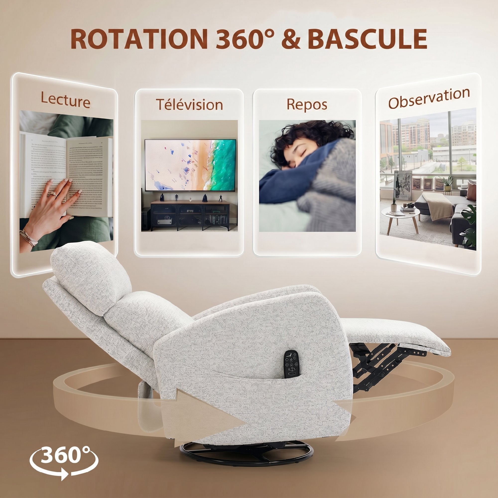 Fauteuil inclinable de massage et chauffage, fauteuil de relaxation en chenille, dossier réglable, pivotant 360°, poches latérales, télécommande, charge 150 kg, pour salon, chambre, crème