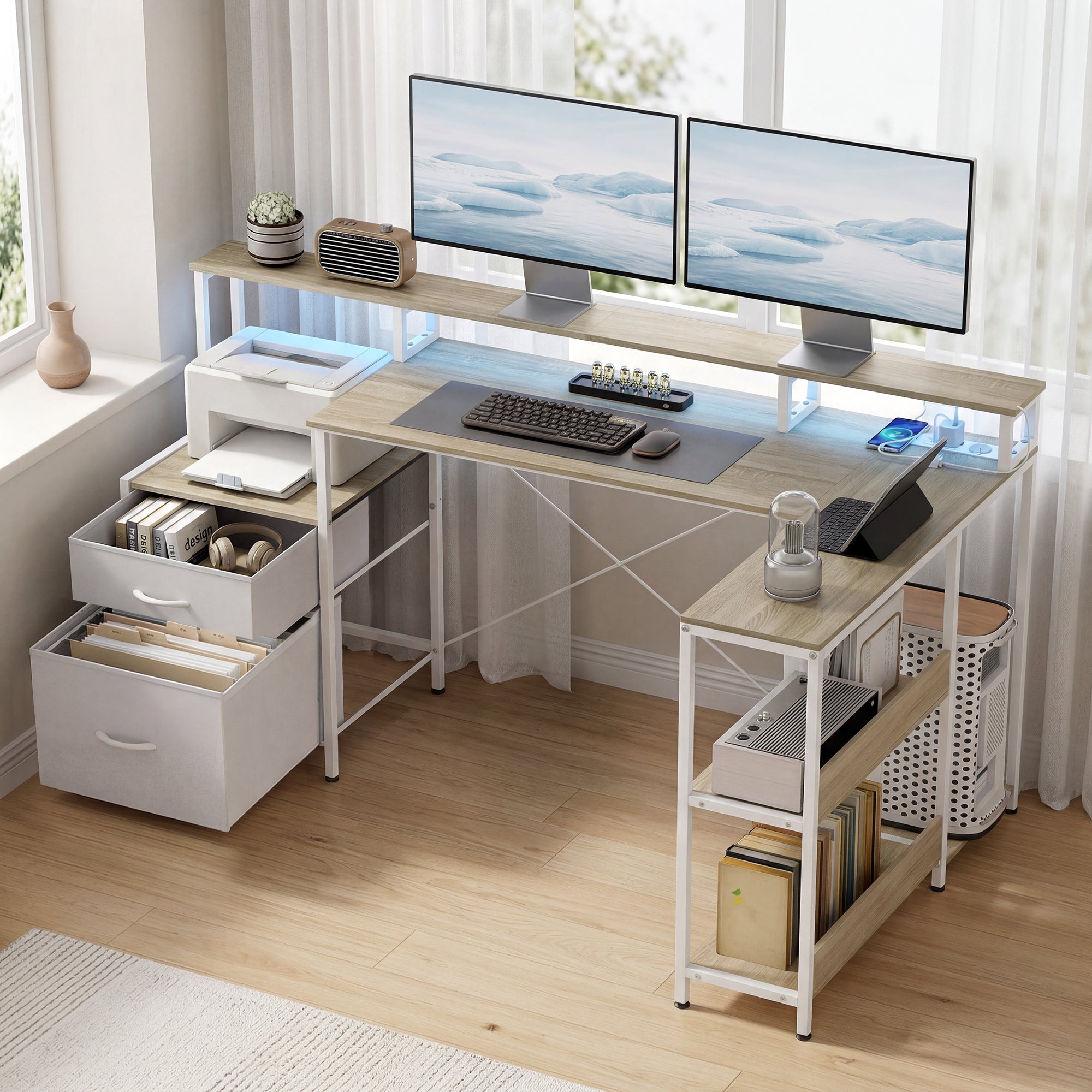 Bureau d'Angle avec Prises et Lumières LED RGB, Bureau d'Ordinateur, 172x100cm, Support d'Écran, 2 Tiroirs en Tissu, Support Imprimante, Table Informatique pour Chambre ou Coin Travail, Blanc