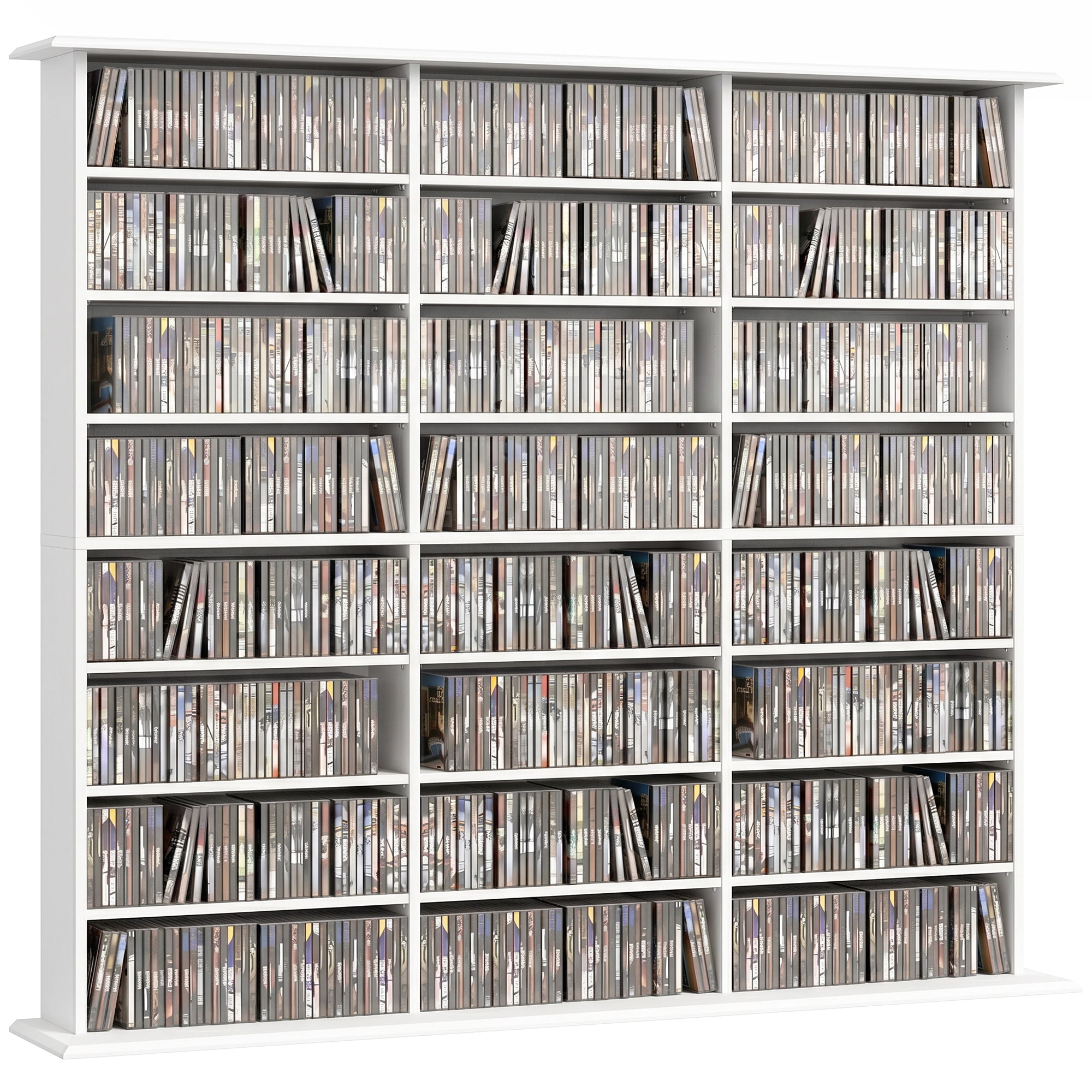 Rangements pour CD et DVD, Meuble de Rangement Multimédia, Capacité Max. 1032 CDs/594 DVDs et Blu-ray, 24 Compartiments et 18 Étagères Réglables, pour Salon, Chambre, 145x24x126,3cm, Blanc