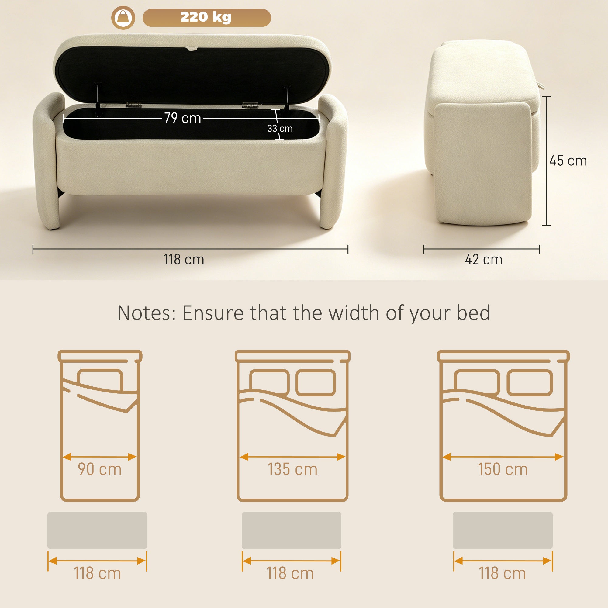 Banc Bout de Lit Banquette, 118x42x45cm, Banc de Rangement Rembourré en Tissu Bouclé, Pieds en Bois d'Eucalyptus, Charge 220 Kg, Coffre de Rangement pour Chambre à Coucher ou Entrée, Crème