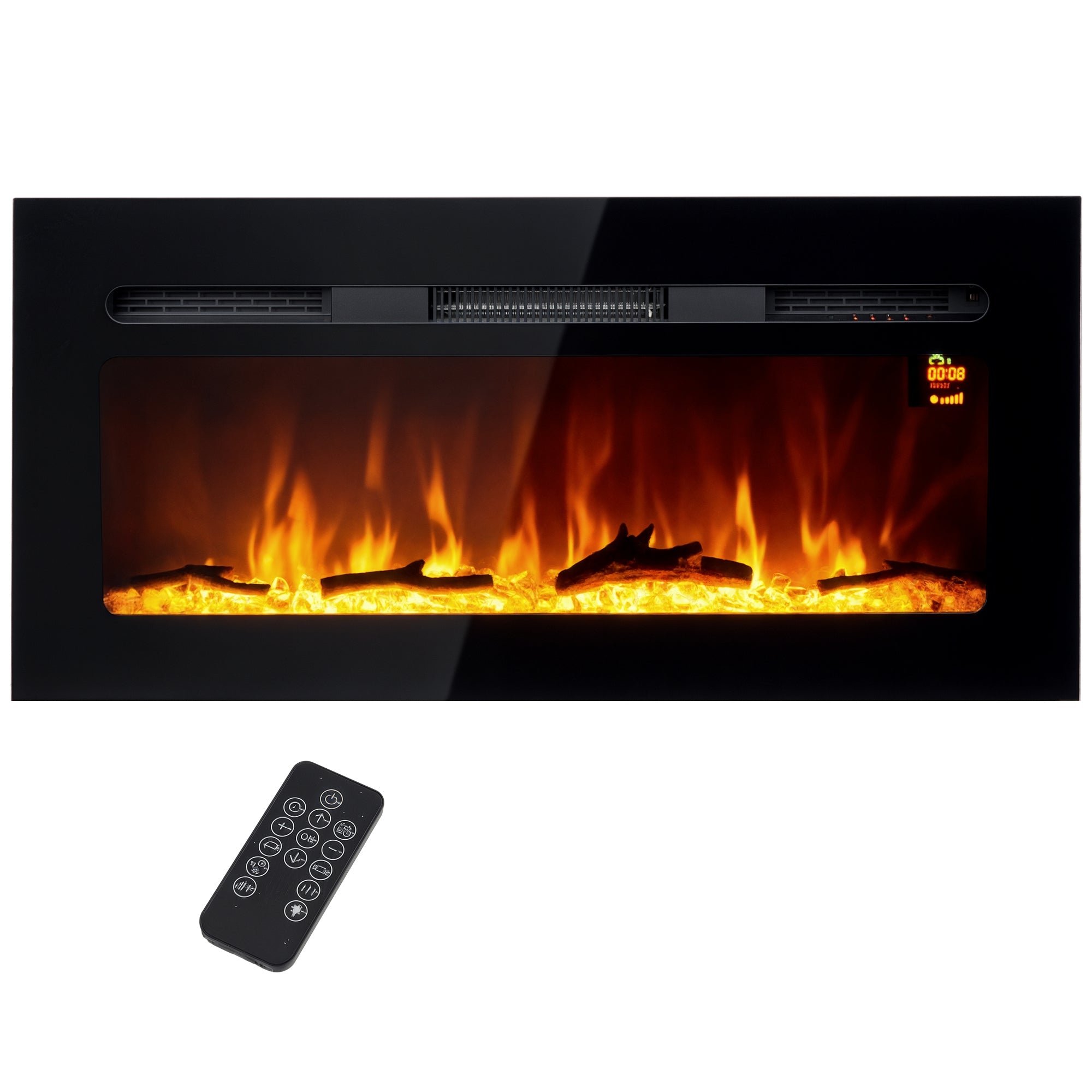 Cheminée électrique 1800 W mural ou encastrable fausse cheminée avec effet flamme en LED 3 couleurs 5 luminosités, bûche et cristal, minuterie, température 15-40℃, télécommande, 91,4L cm, noir