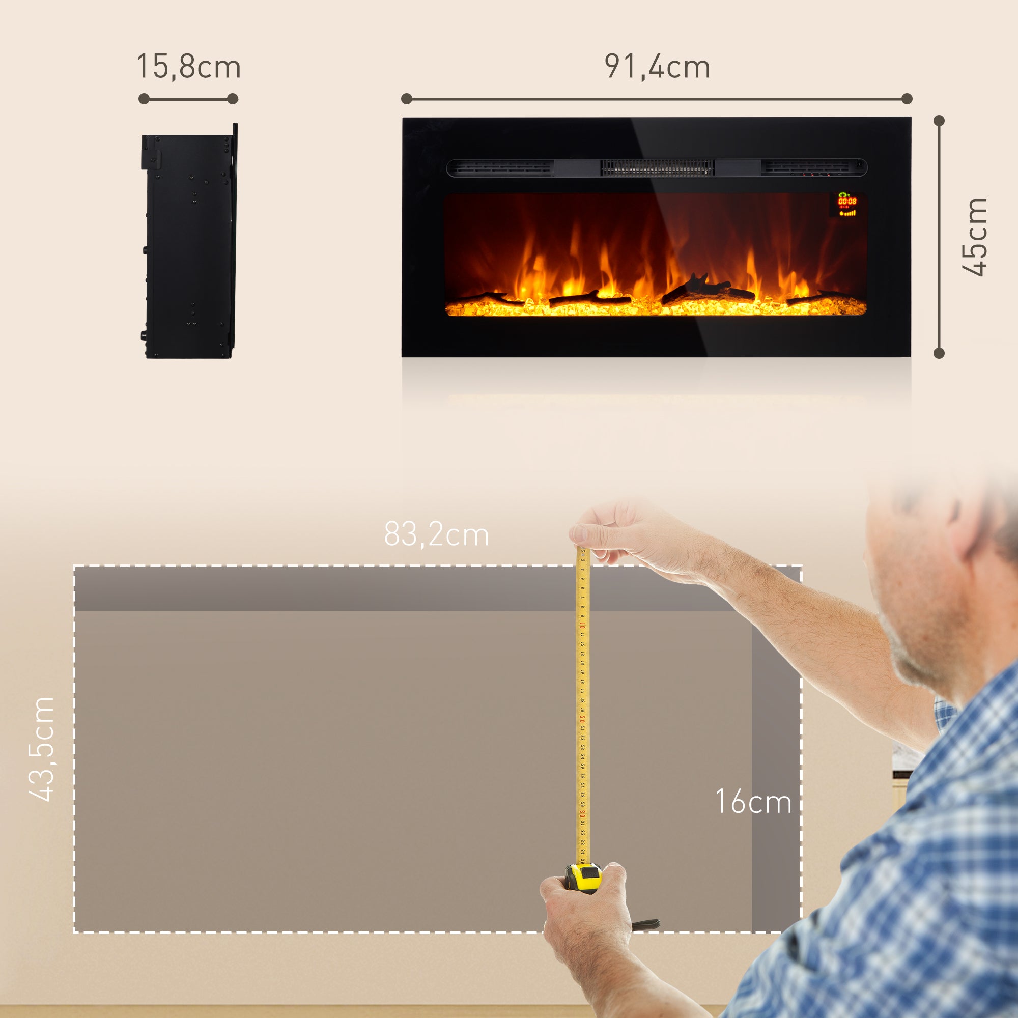 Cheminée électrique 1800 W mural ou encastrable fausse cheminée avec effet flamme en LED 3 couleurs 5 luminosités, bûche et cristal, minuterie, température 15-40℃, télécommande, 91,4L cm, noir