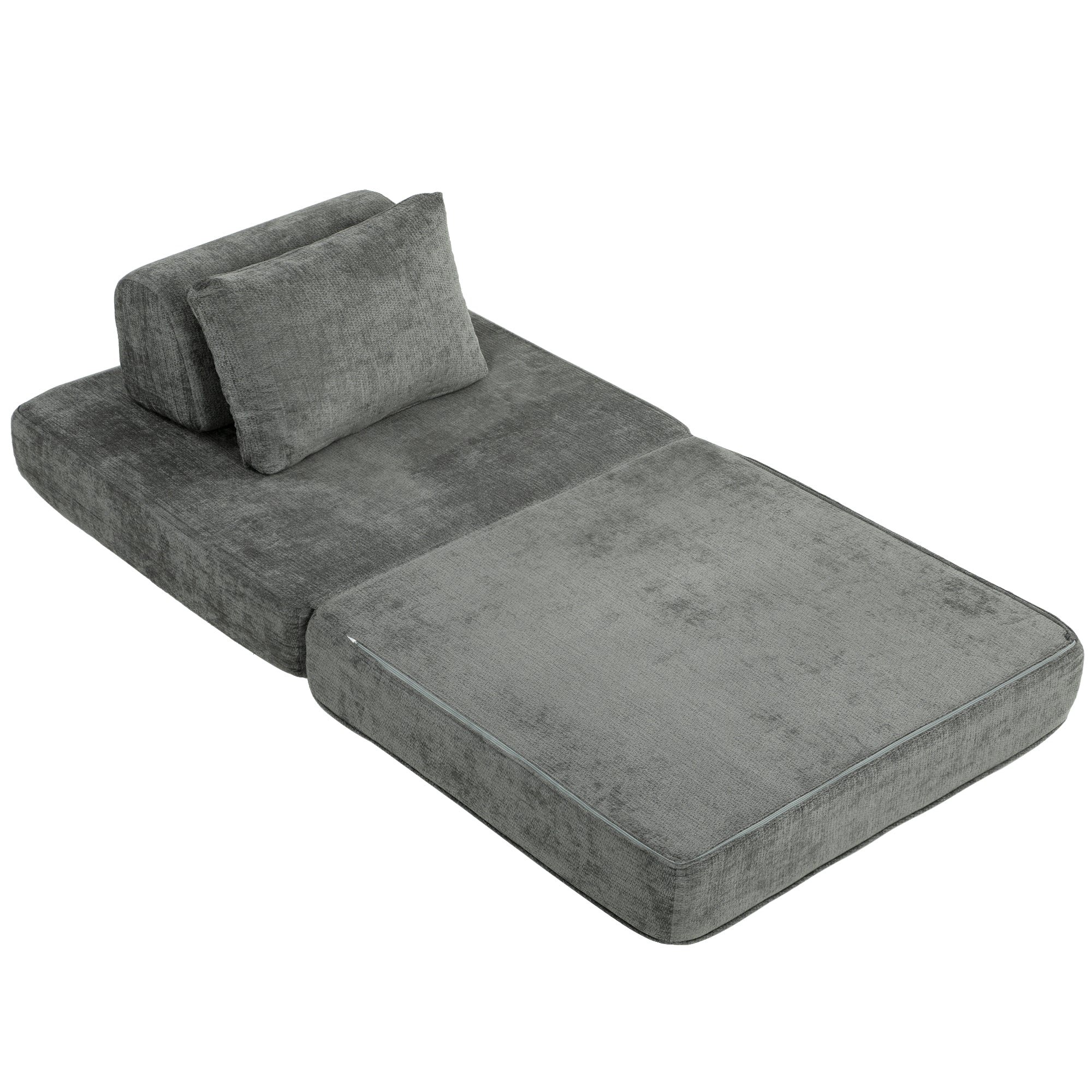 Canapé-Lit Pliant 2 en 1 Chauffeuse 1 Place Convertible en Chenille Matelas Pliable Coussin Épais Dossier et Oreiller Entièrement Compressé Aucun Assemblage Requis pour Salon Chambre Gris