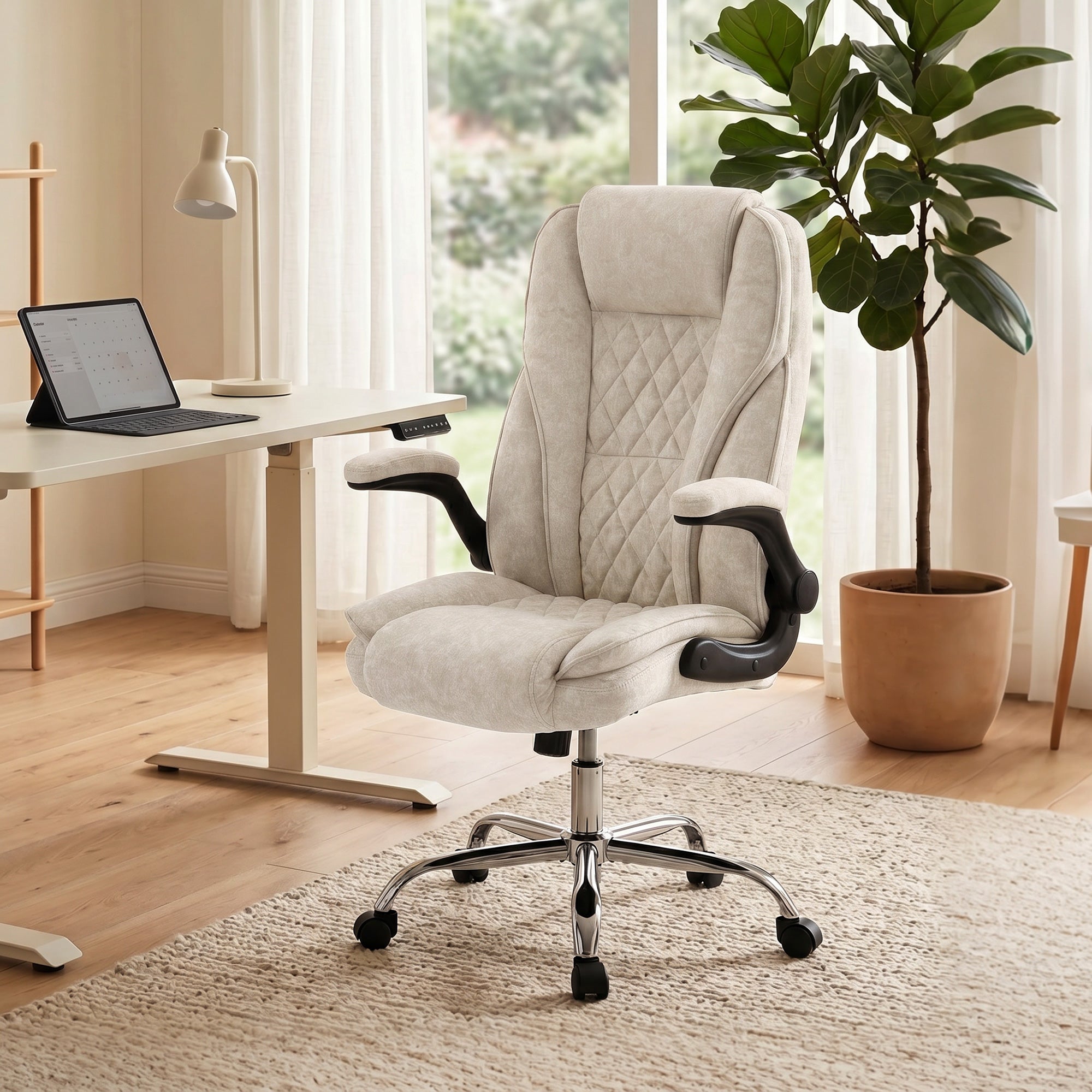 Fauteuil de bureau, chaise bureau ergonomique avec large assise rembourrée, hauteur réglable, accoudoirs relevables, dossier haut, pivotant 360°, tissu en velours, charge 120 Kg, beige