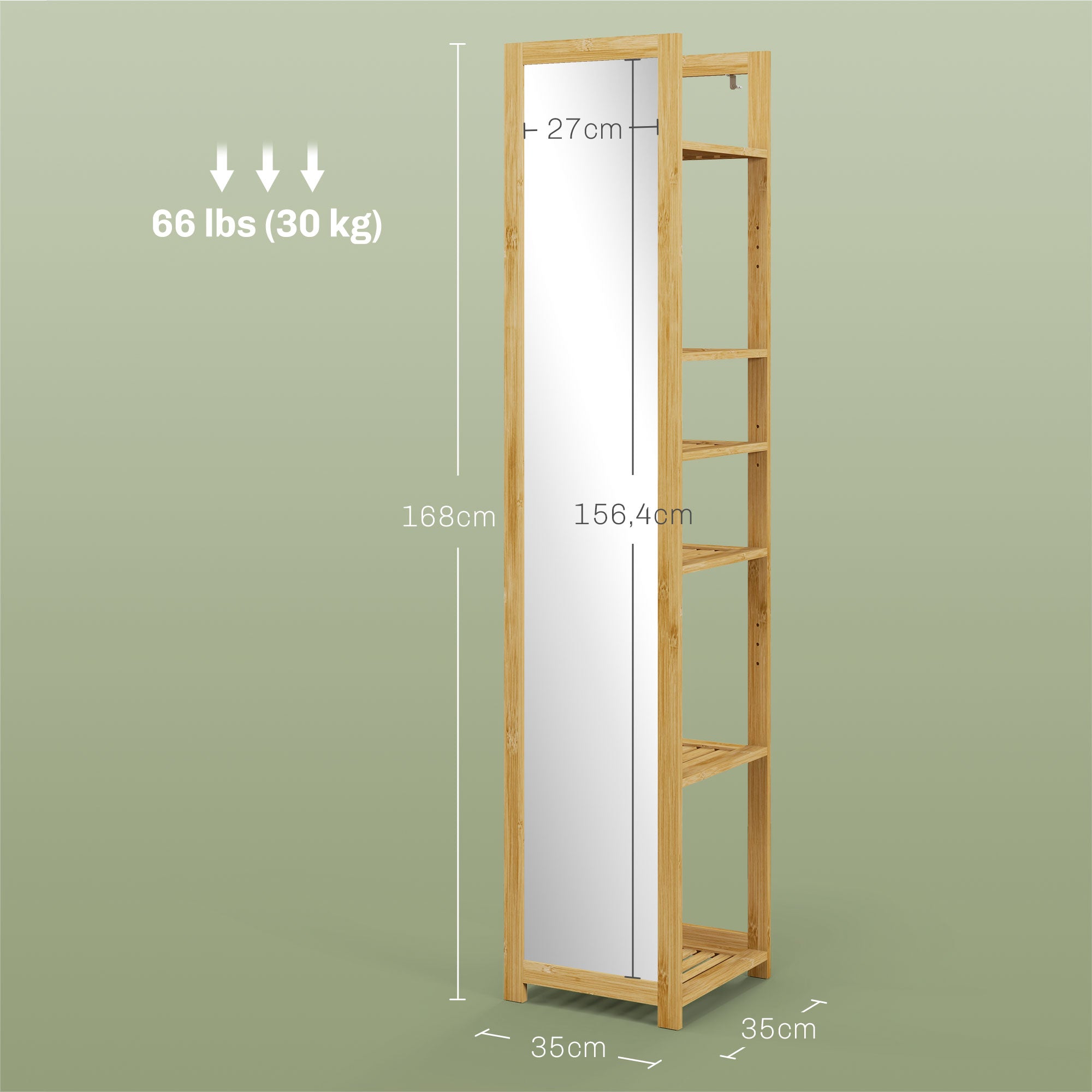 Meuble colonne de salle de bain avec miroir étagère de rangements à 6 étagères support en bambou naturel, 35L x 35l x 168H cm