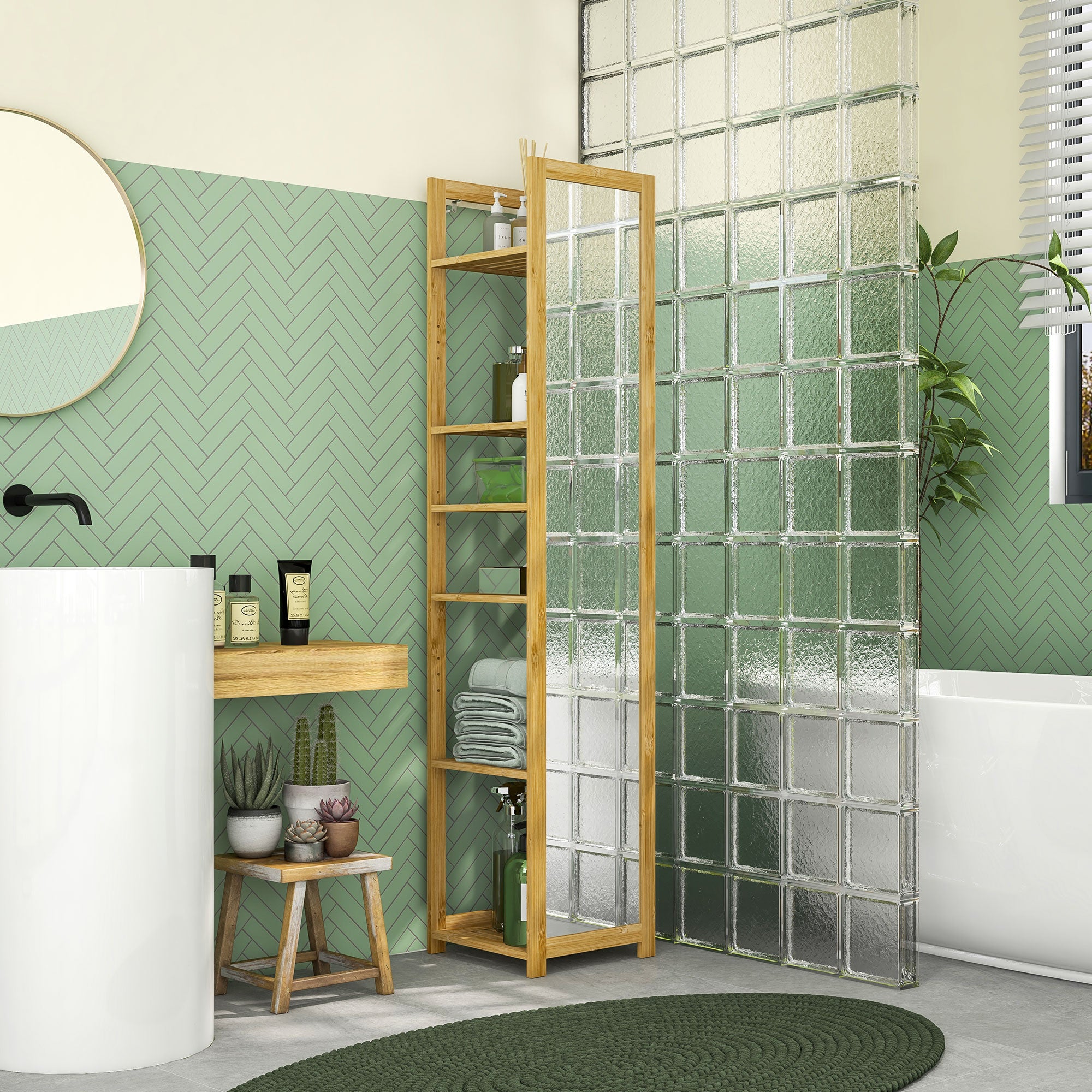 Meuble colonne de salle de bain avec miroir étagère de rangements à 6 étagères support en bambou naturel, 35L x 35l x 168H cm