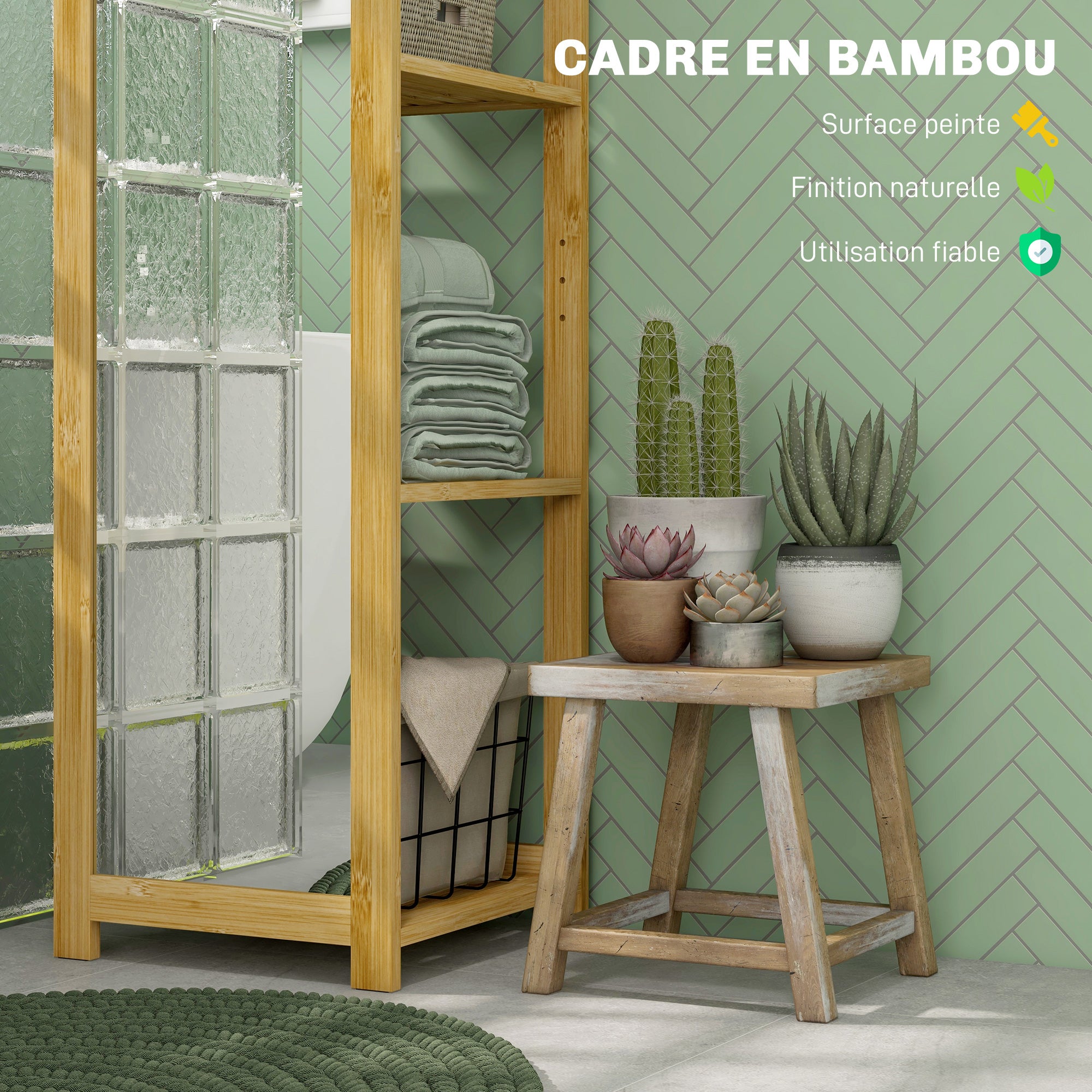 Meuble colonne de salle de bain avec miroir étagère de rangements à 6 étagères support en bambou naturel, 35L x 35l x 168H cm