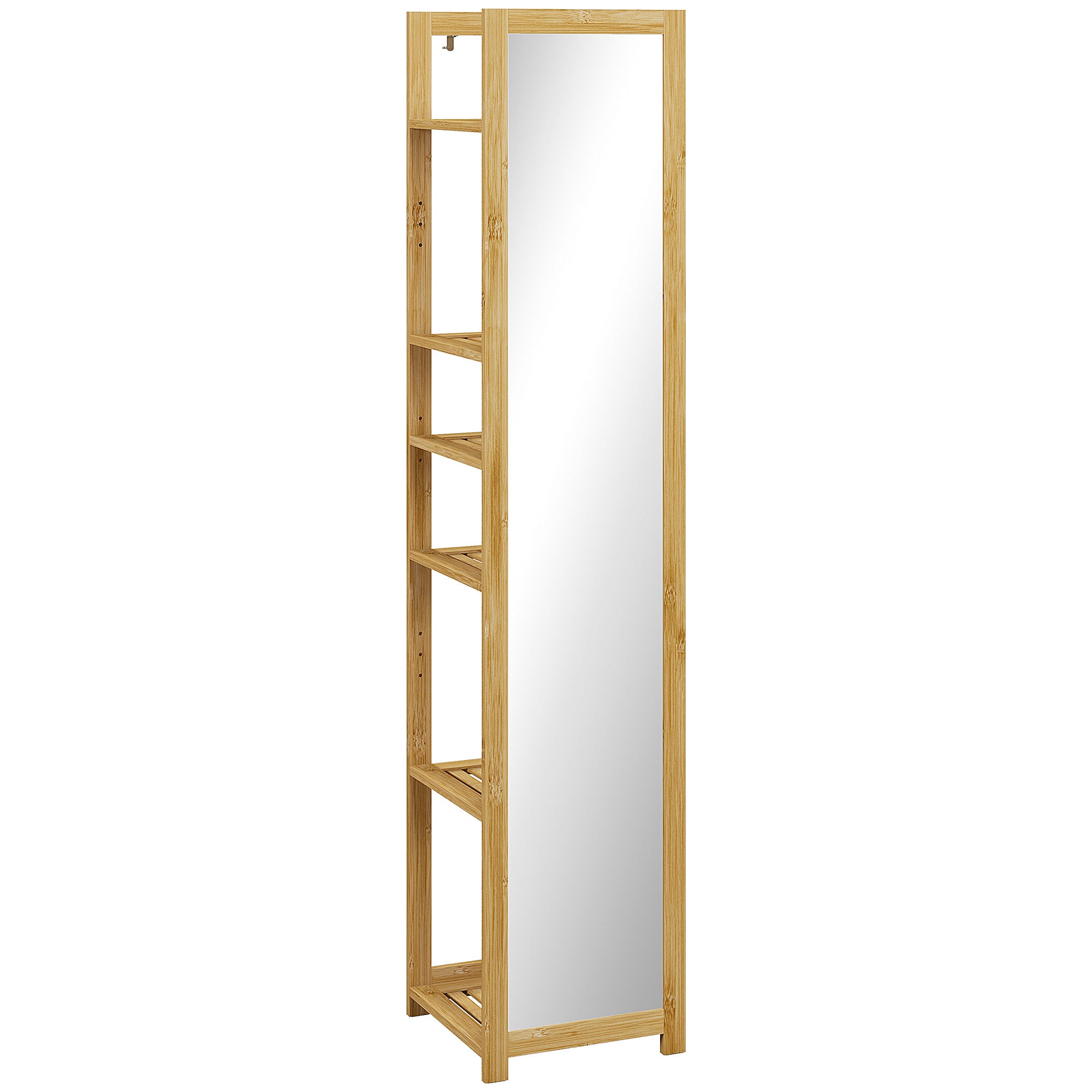 Meuble colonne de salle de bain avec miroir étagère de rangements à 6 étagères support en bambou naturel, 35L x 35l x 168H cm