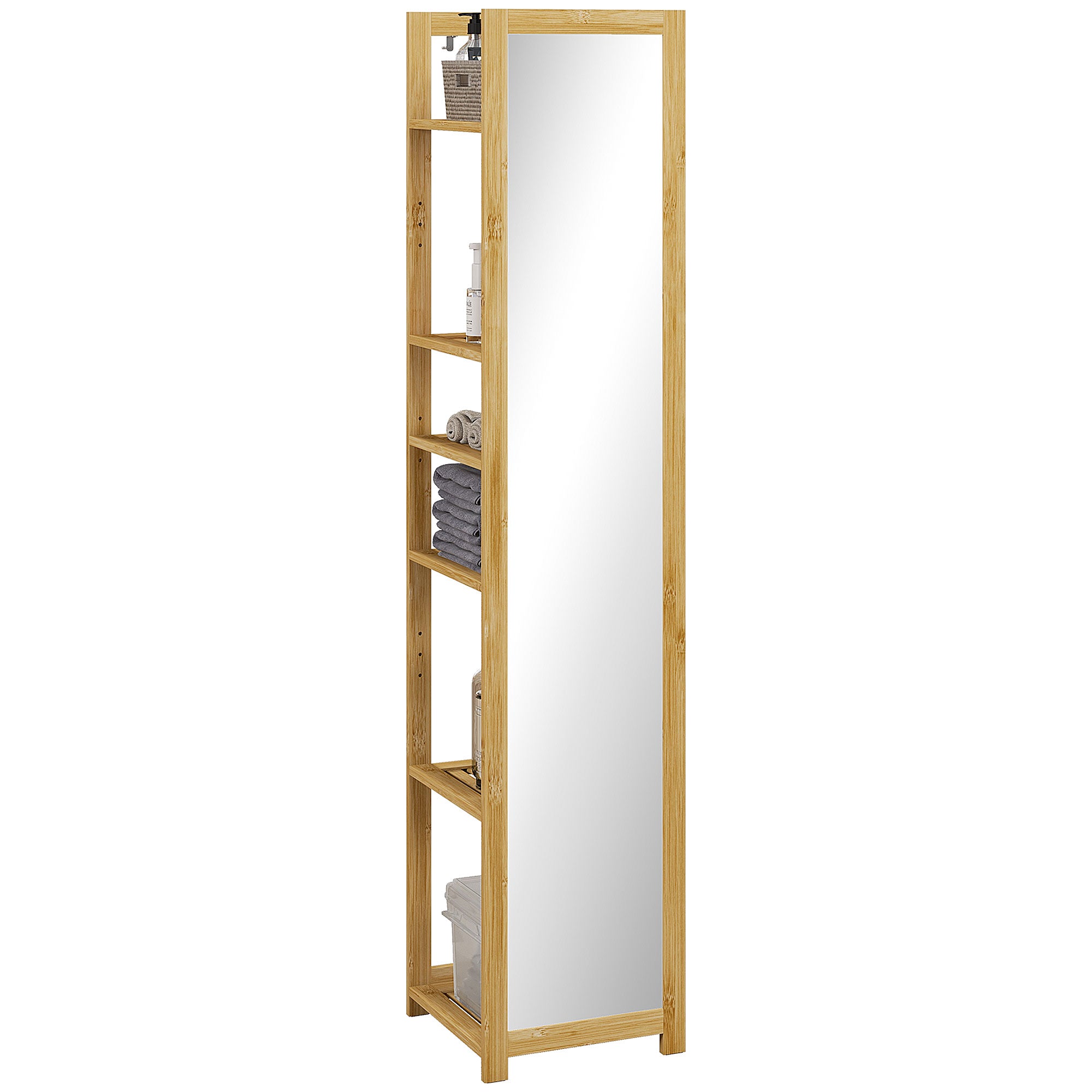 Meuble colonne de salle de bain avec miroir étagère de rangements à 6 étagères support en bambou naturel, 35L x 35l x 168H cm