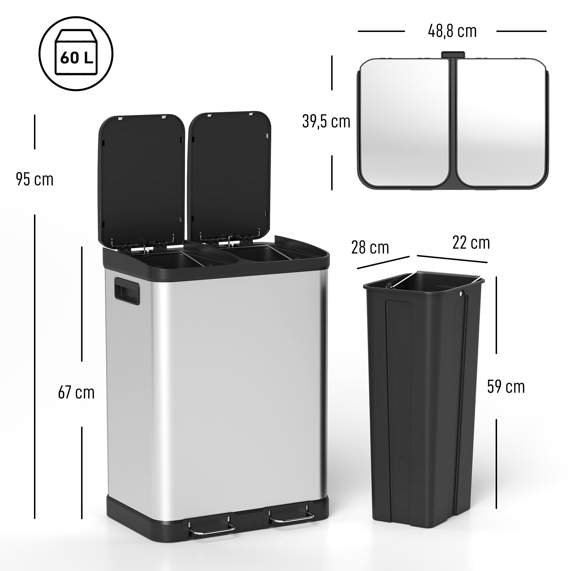 Poubelle à Double Compartiment 2x30L, Poubelle de Cuisine à Pédale en Acier Inoxydable, Couvercle à Fermeture Douce, Seaux Intérieurs Amovibles, Poignées, Anti-Traces, Argent