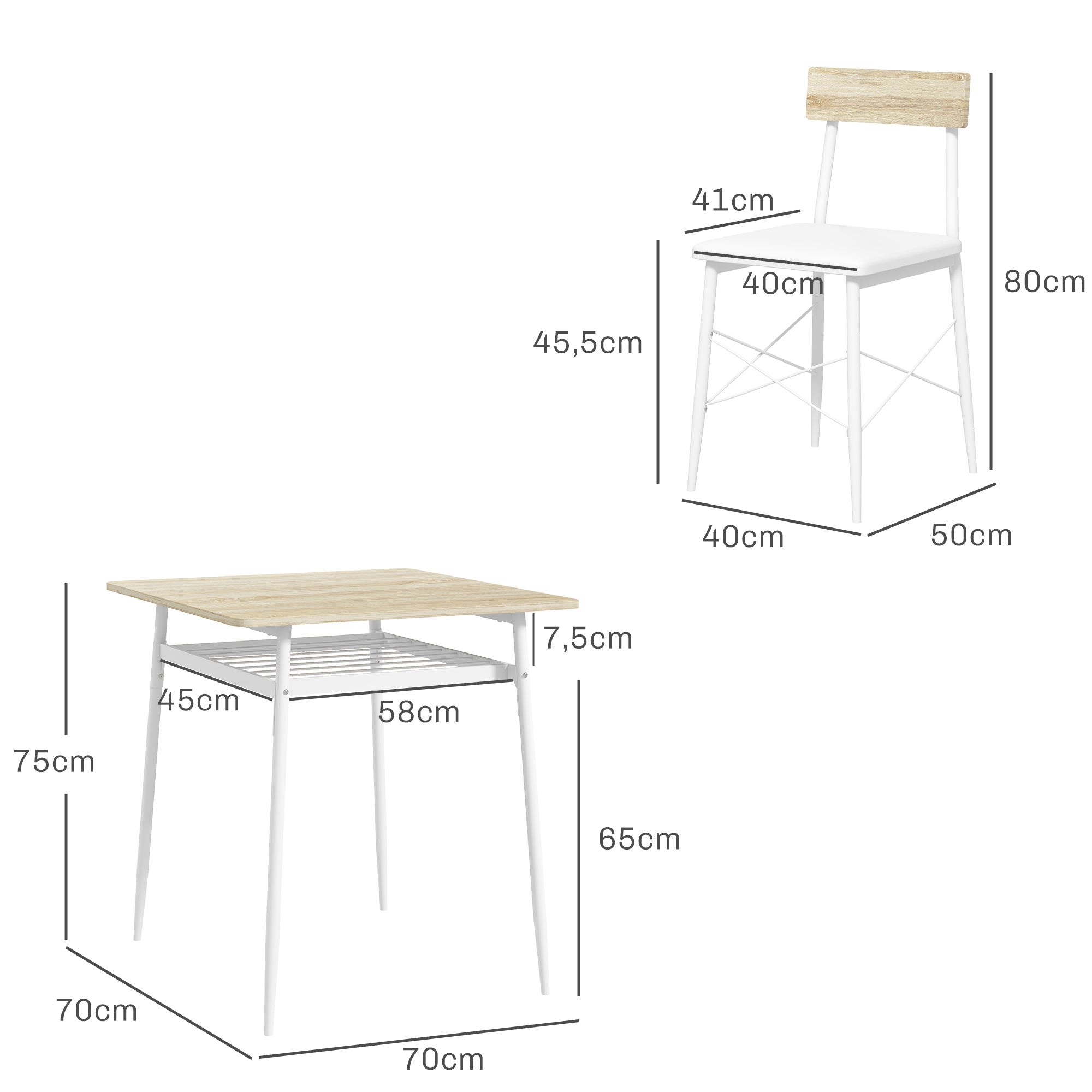 Ensemble table et chaises, table de cuisine avec chaises, structure en acier, avec 2 chaises encastrables, pour cuisine salon maison, blanc et chêne