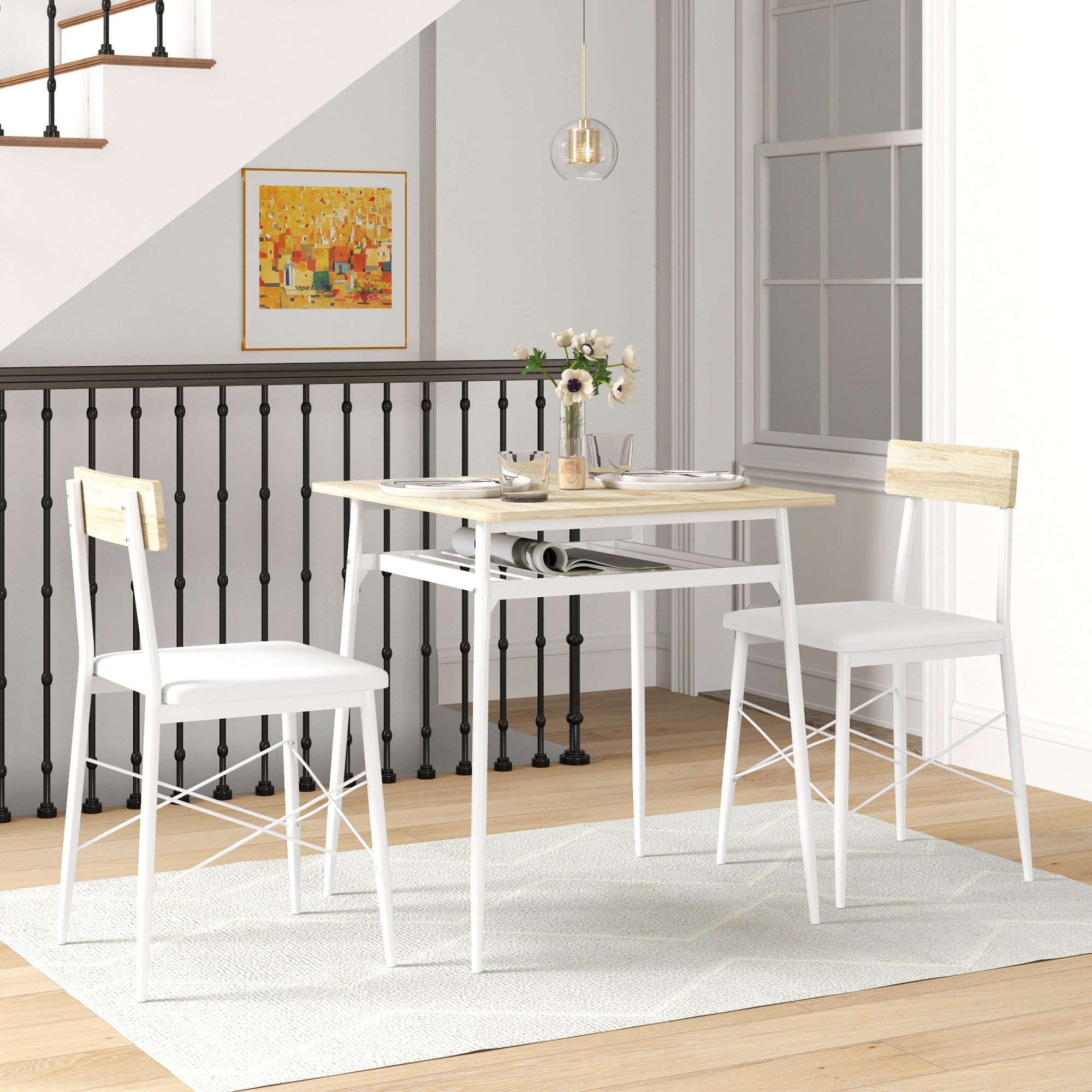 Ensemble table et chaises, table de cuisine avec chaises, structure en acier, avec 2 chaises encastrables, pour cuisine salon maison, blanc et chêne