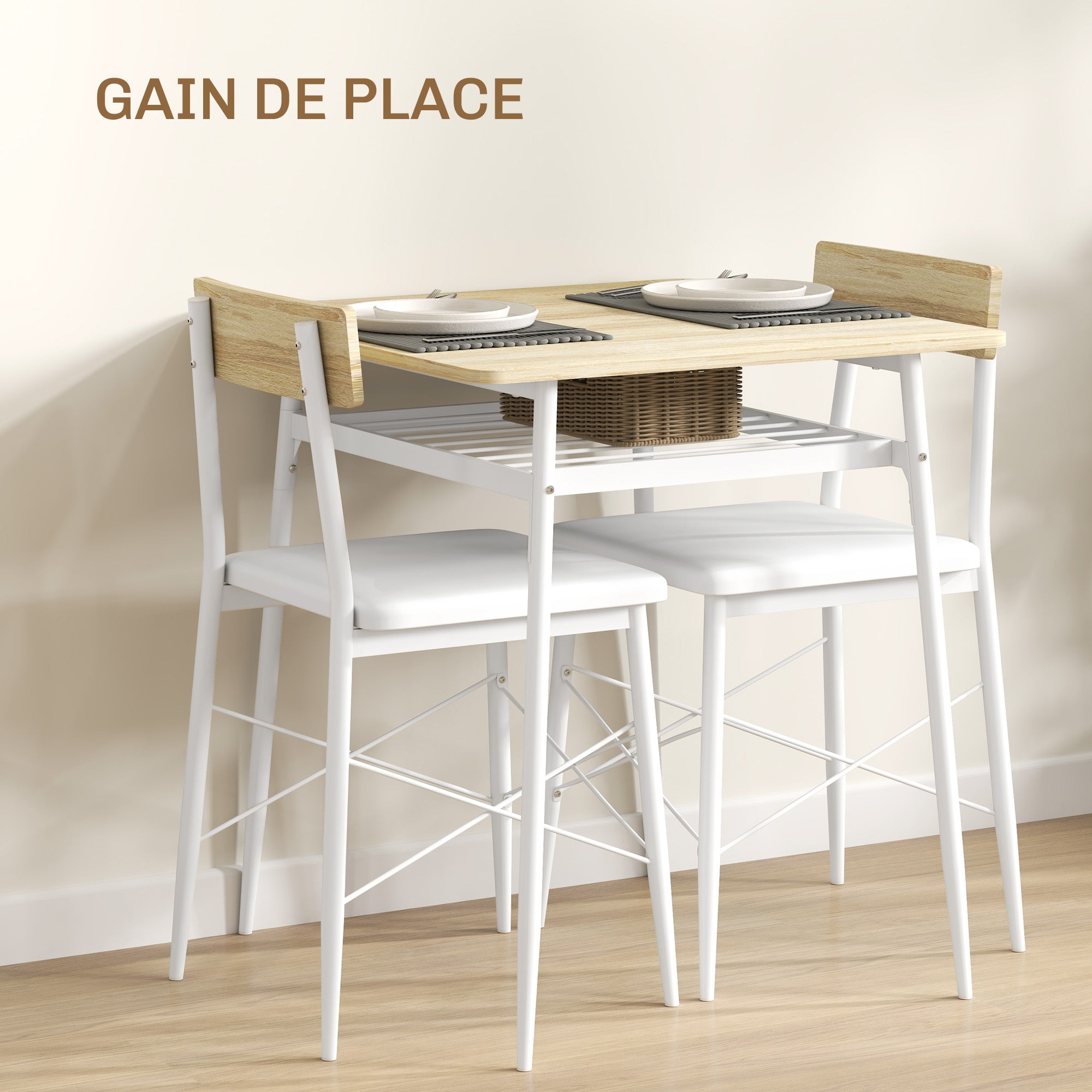 Ensemble table et chaises, table de cuisine avec chaises, structure en acier, avec 2 chaises encastrables, pour cuisine salon maison, blanc et chêne